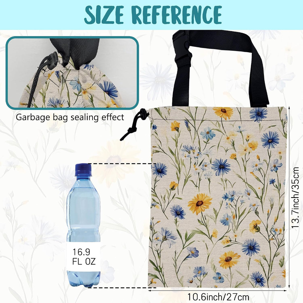 Car Garbage Bag Abstract Blue and Yellow Flowers Hanging Canvas Car Trash Bag Drawstring Car Back Seat Organizer for Car Back Front Seat Console with Adjustable Buckle