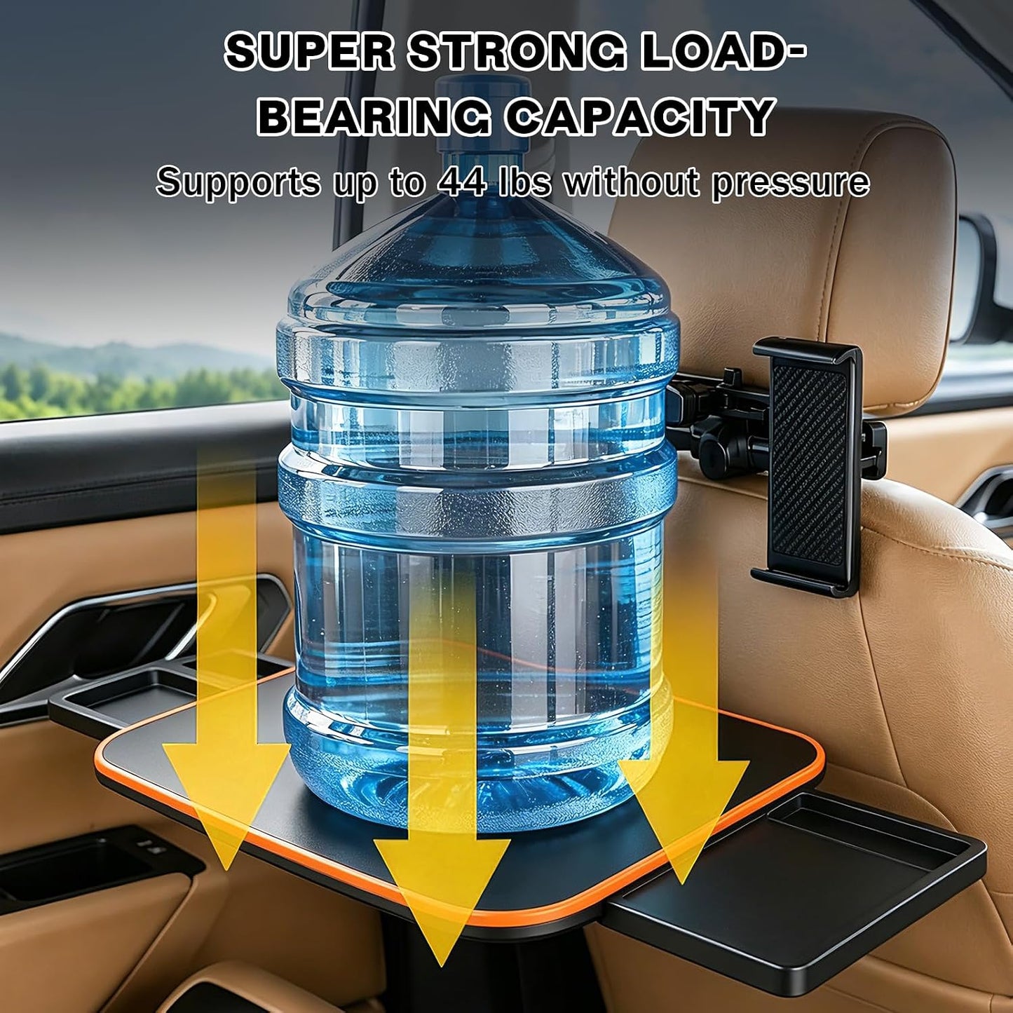 Large Car Tray Table for Back Seat, Foldable Car Desk for Laptop with Adjustable Height, Hidden Cup Holder & Phone Holder, Heavy Duty Travel Food Tray for Eating Working Road Trips (Orange)