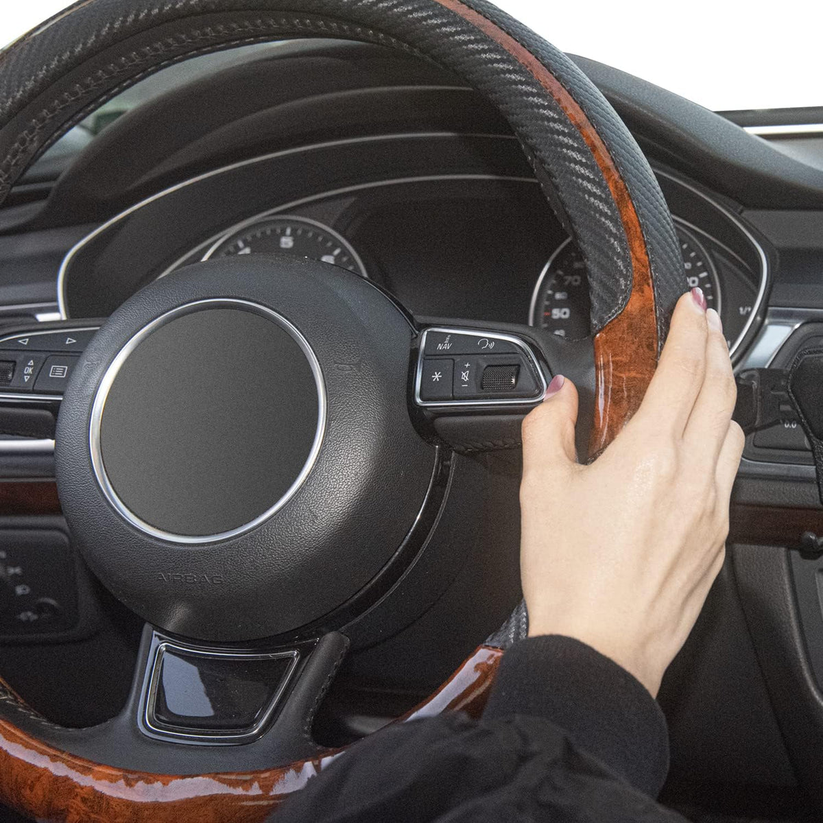 Wood Grain Steering Wheel Cover Black Universal Microfiber Leather, Suitable for 14 1/2-15 inch Comfortable Anti-Slip, Good Breathable and Odorless Car Steering Wheel Cover