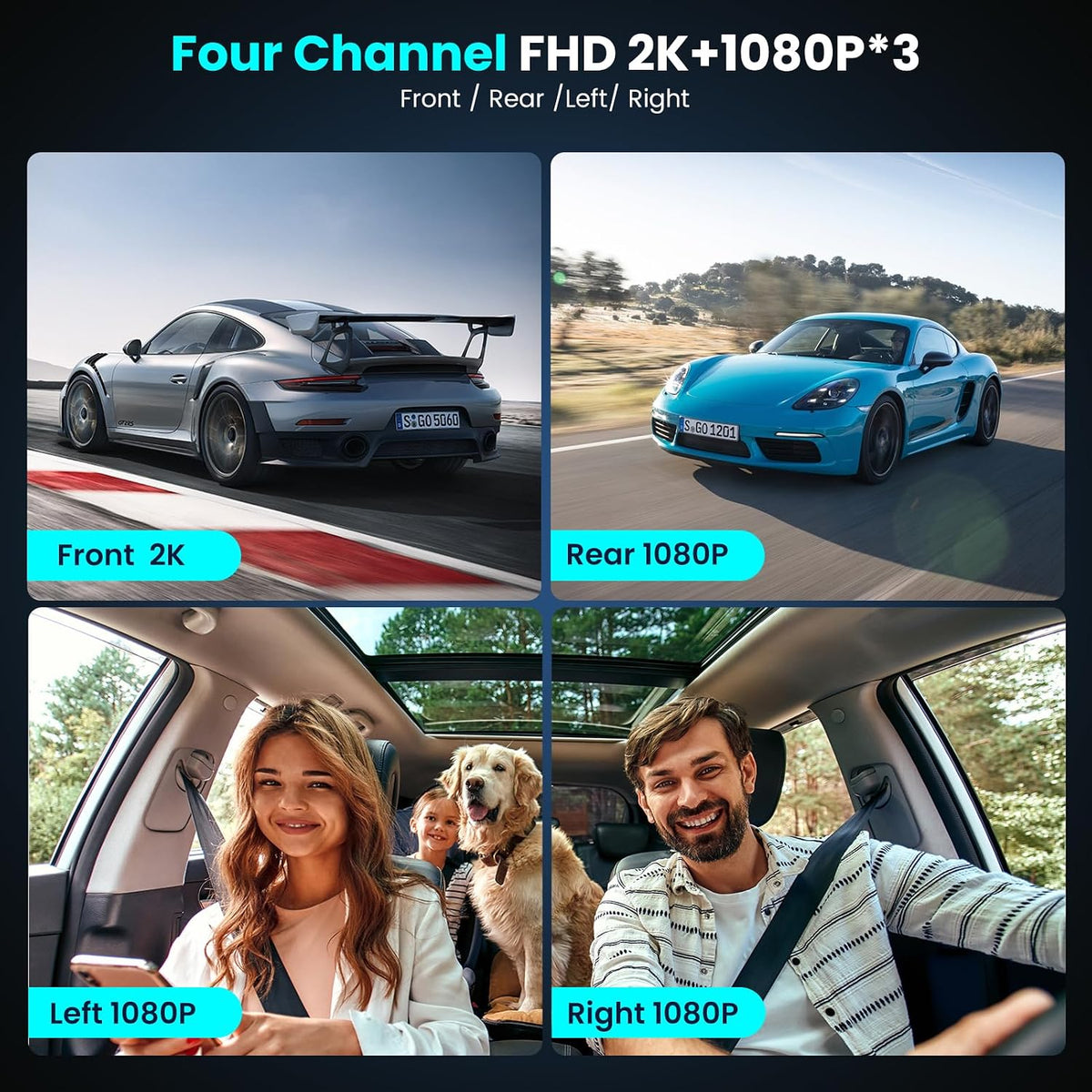4 Channel Dash Cam 360° View Front Rear Inside & Left Right,Dash Camera FHD 2K+1080Px3 for Car, 8 IR Lamps Night Vision, APP, WiFi, GPS, G-Sensor, 24/7 Parking Mode, with a Free 64GB SD Card