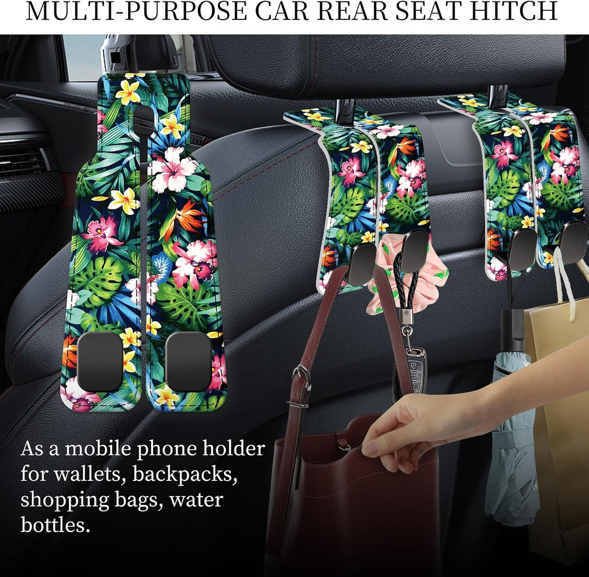 PU Leather Car Seat Hook, Storage Headrest Hanger, Cute Car Backseat Organizer, Car Hooks for Purses and Bags Tropical Hibiscus Leaves