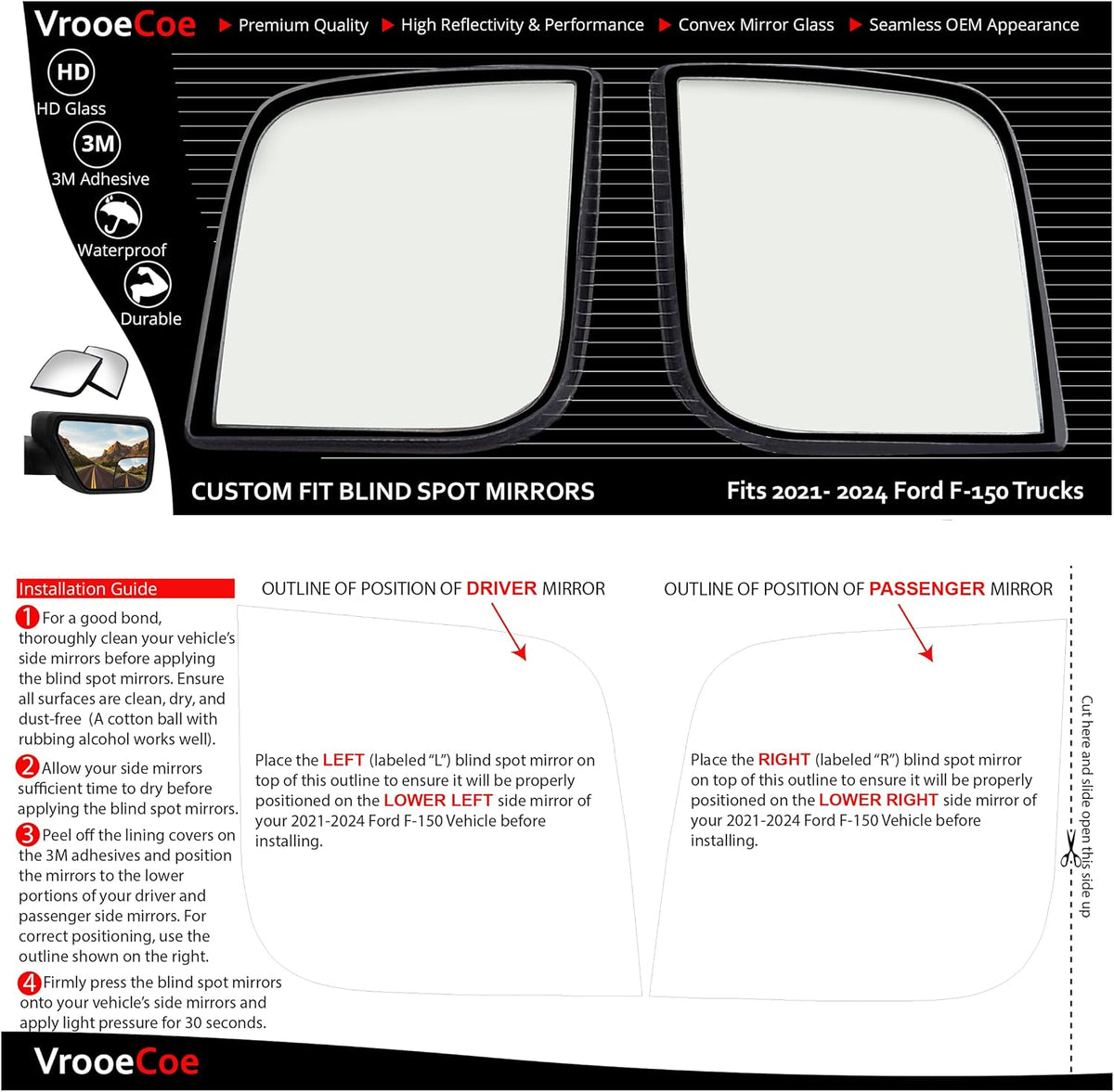 Convex Stick On Custom Fitted Blind Spot Mirrors Compatible With 2021-2026 Ford F-150 F150- Engineered to Provide A Wider View