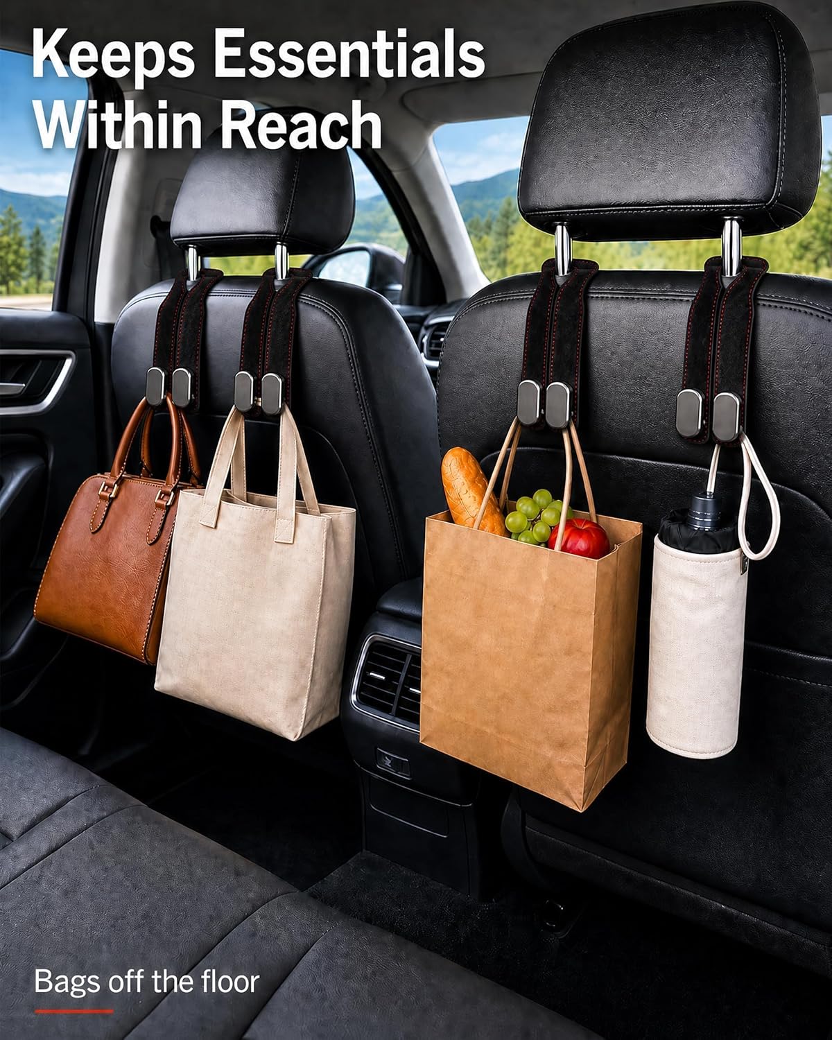 Car Headrest Hooks, 2 Pack Suede Leather Seat Hooks for Purses and Bags, Dual Hook Purse Holder for Seat Back and Passenger Glove Box, Universal Hangers for Handbags, Coats, Groceries, Black