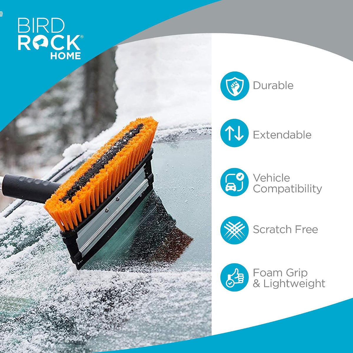 BIRDROCK HOME 39" Extendable Snow Brush with Detachable Ice Scraper for Car - Portable Snow Removal Tool for Windshield & Vehicles - Flexible Handle, Ergonomic Grip, 11" Wide Squeegee & Bristle Head