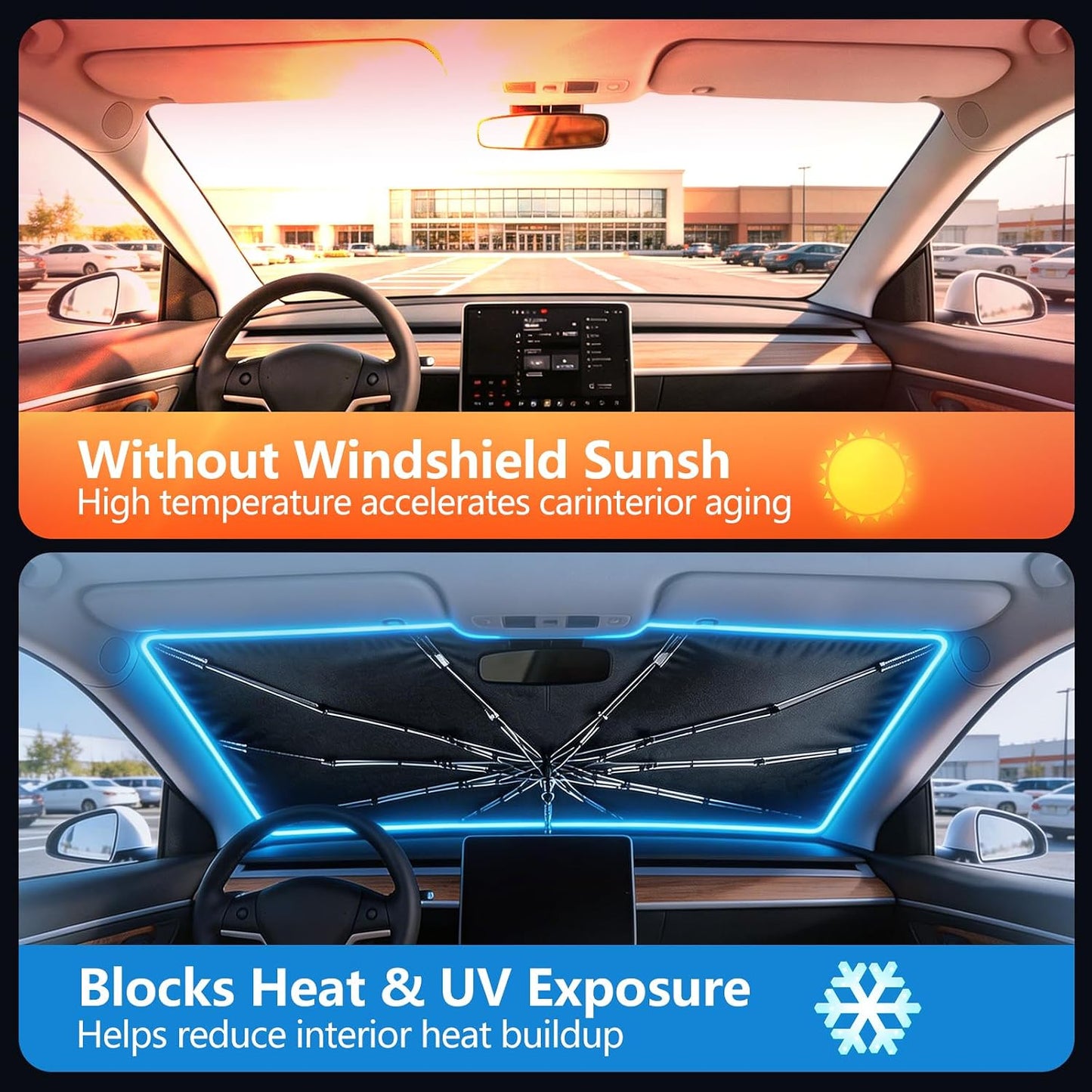 Foldable Car Umbrella Cover for Front Window - Car Windshield Sun Shade Heat & UV Protection, Easy Open Keep Cool and Protect Interior for Auto Sedan SUV (56" L x 31" W)