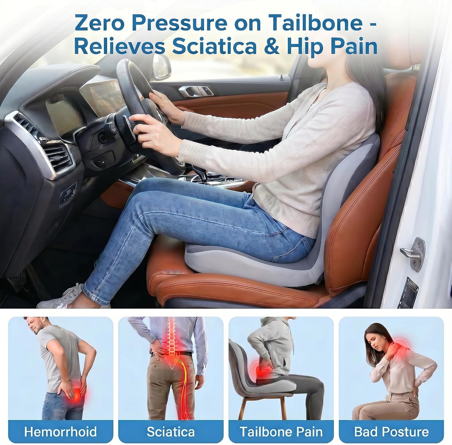 Driver Seat Cushion for Car, Ergonomic Memory Foam Car Seat Pad with Taller Lumbar Support, Back & Sciatica Pain Relief Car Cushion for Long Driving, Tailbone & Coccyx Support