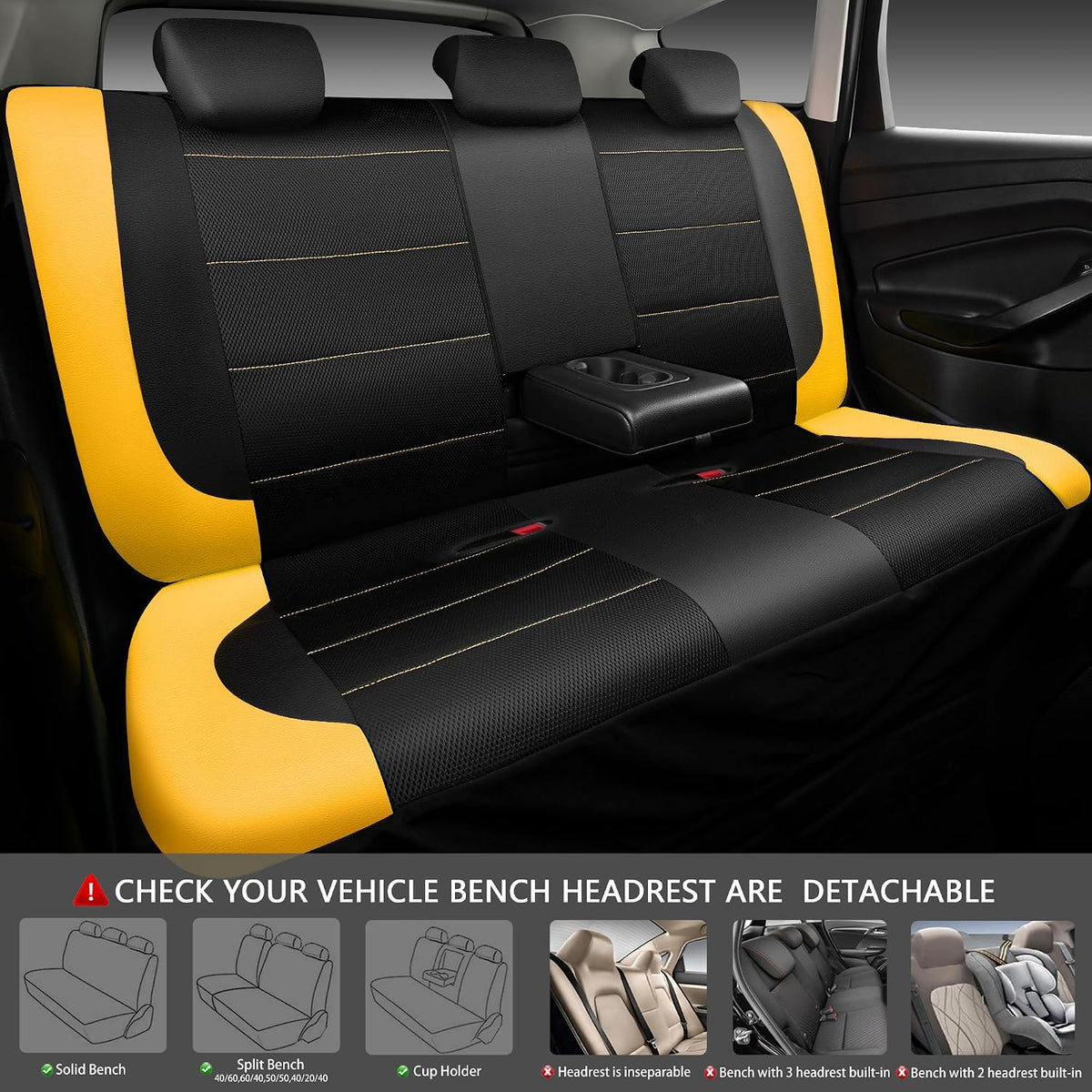 CAR PASS Leather Seat Covers, Breathable Universal Car Seat Cover Full Set for Cute Women Girly,5mm Composite Sponge Inside,Airbag Compatible Fits Most Auto,SUVs,Trucks,Vans(Full Set,Black&Yellow)
