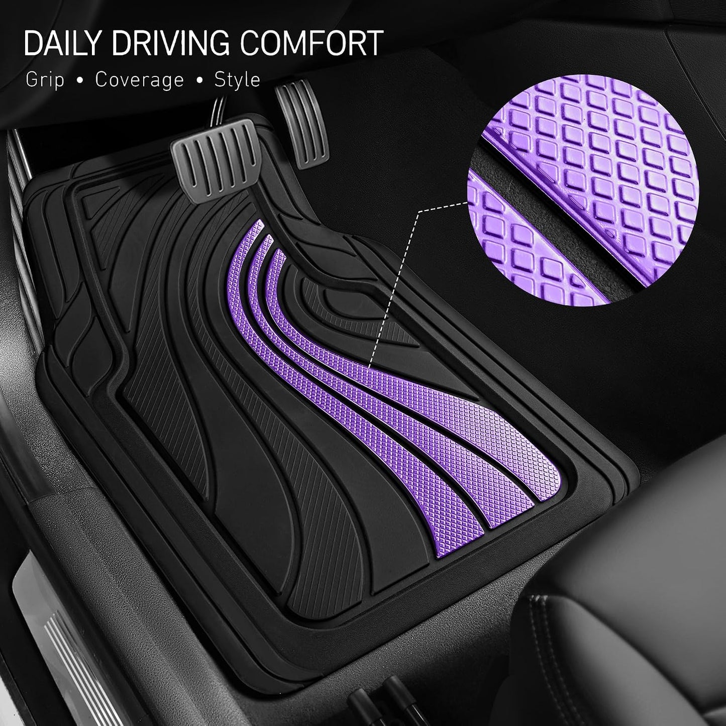 Road Comforts Car Floor Mats Full Set – Front & Rear Car Floor Mats with Aluminum Design, Anti-Slip Backing, All-Weather Protection, Trim-to-Fit Car Mats for Most Sedans, SUVs & Vans - Lighet Purple