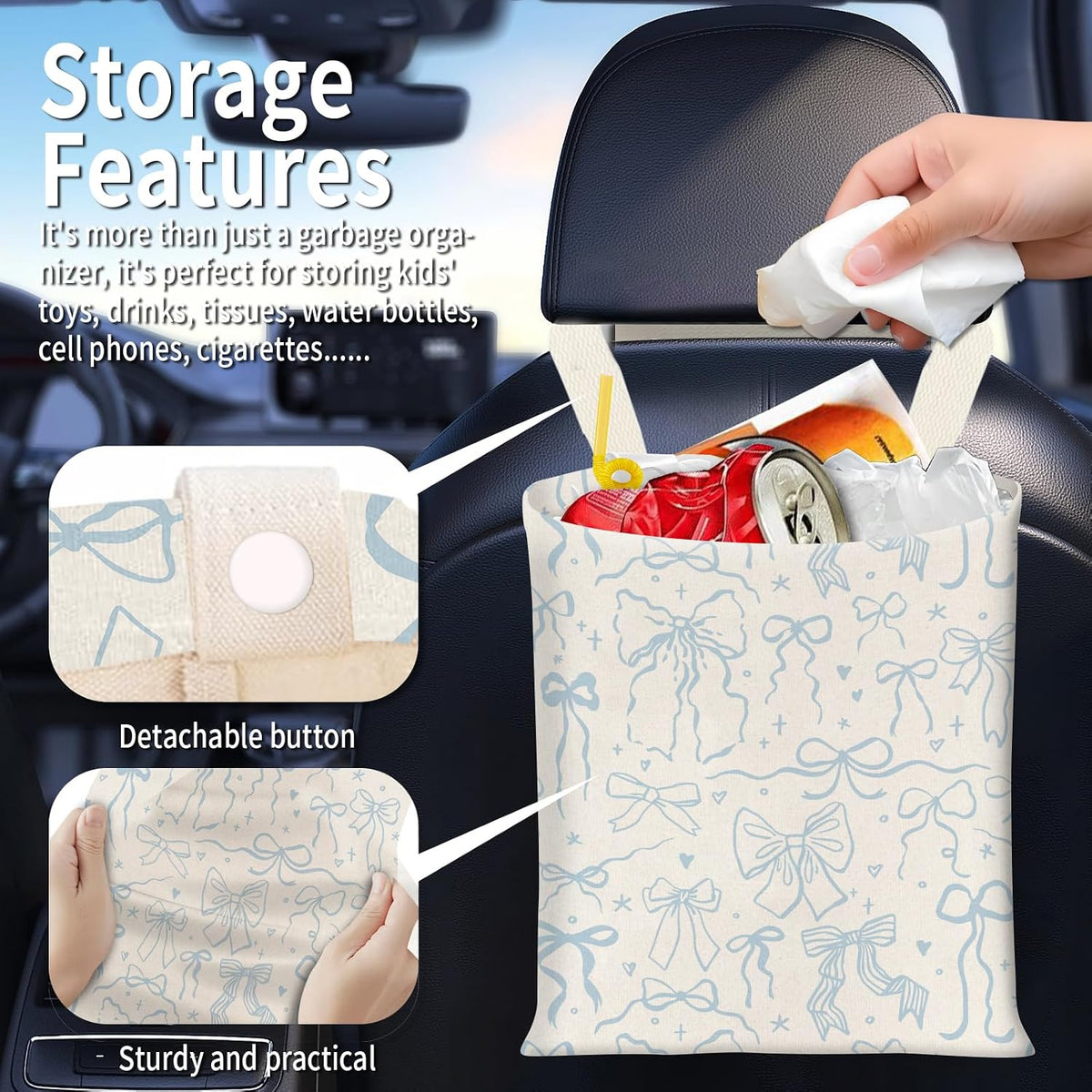 Hanging Car Garbage Bag, Cute Car Trash Can Bag, Automotive Accessories for Women Men Cute Blue Bow