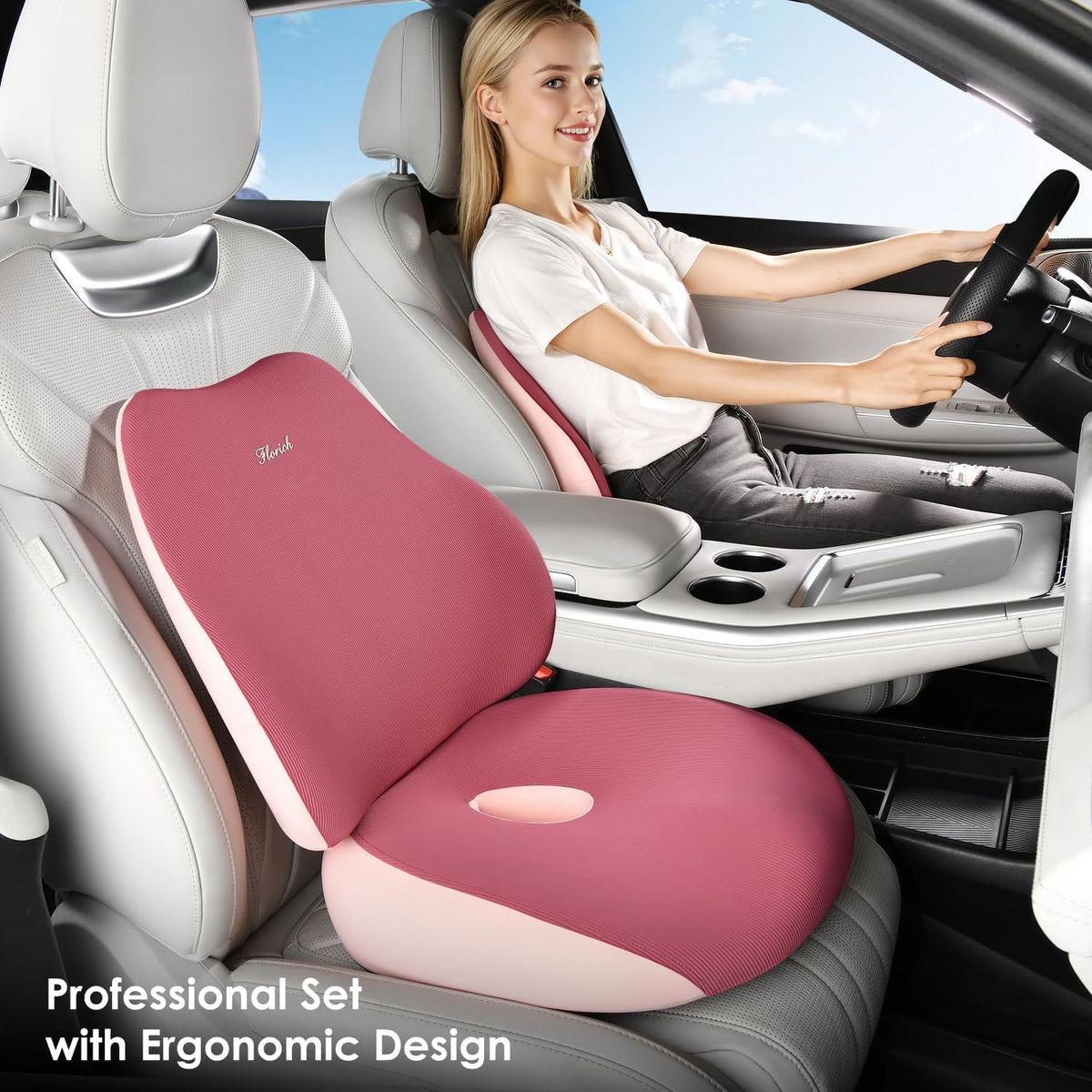 FLORICH Large Car Seat Cushion and Lumbar Support Pillow, Ergonomic Memory Foam Driving Seat Cushion for Back & Sciatica Pain Relief, Non-Slip Washable Seat Cushion for Car, Driver, Office-Pink