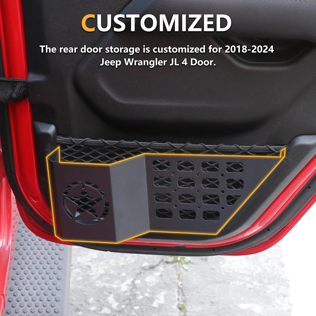 Rear Door Storage Pockets Side Insert Organizer Box Compatible with 2018-2024 2025 Jeep Wrangler JL 4 Door 4XE Gladiator JT Interior Accessories Cup Holder Expansion Tray 1Pair Metal Black Star