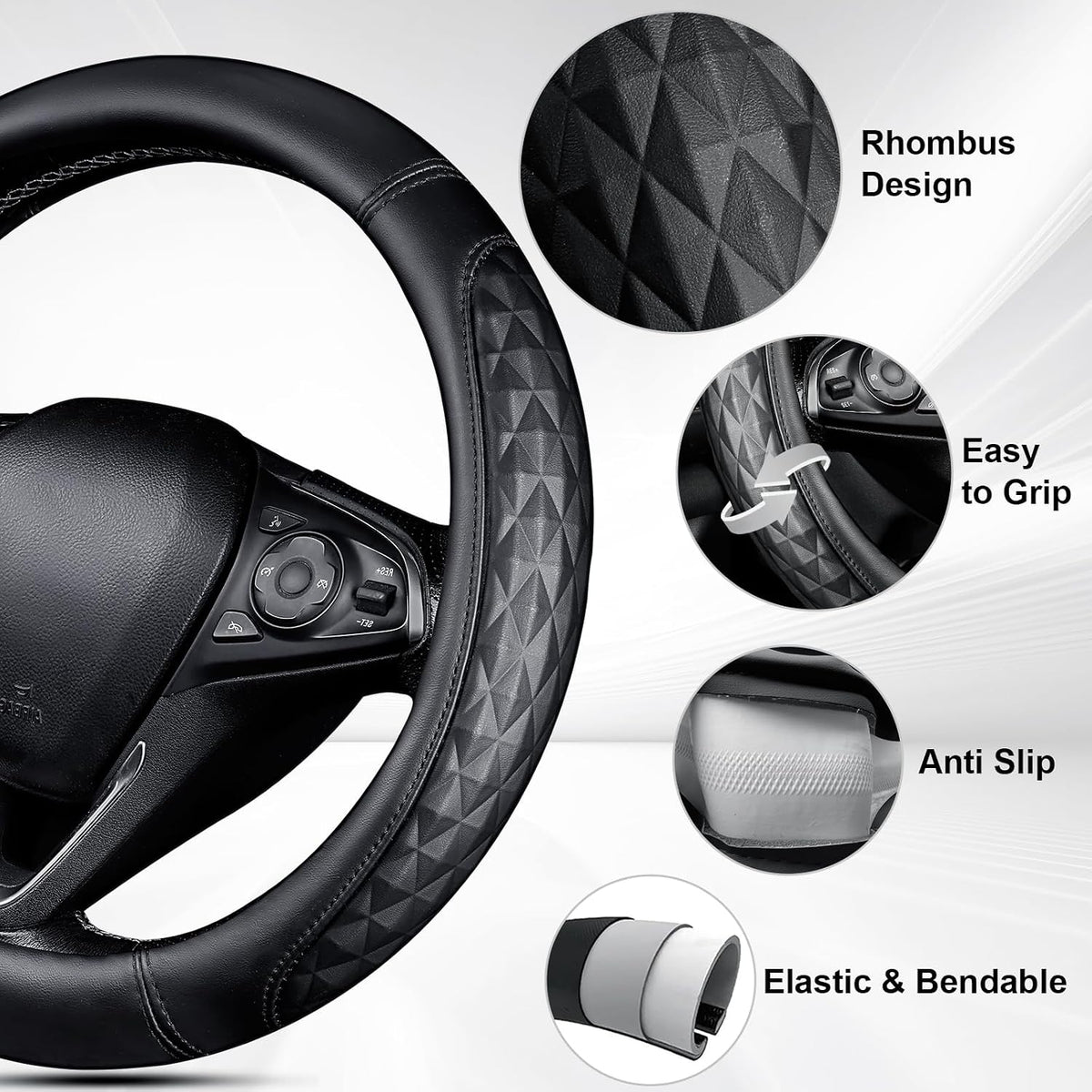 CAR PASS 3D Memory Foam Leather Car Steering Wheel Cover Set, Comfortable Rhombus Leather Center Console Armrest Cushion with Storage Bags Non-Slip 14.5-15in Car Interior Covers Sets, 4 PCS All Black