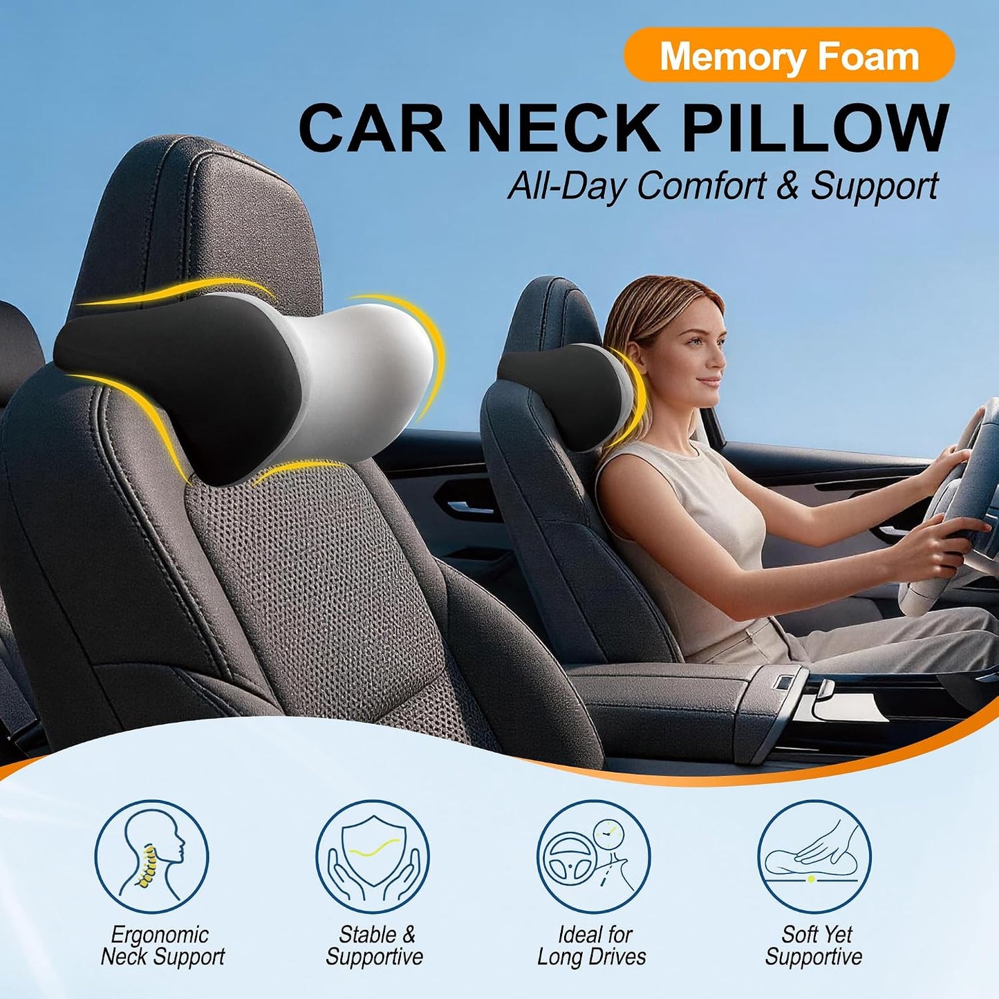 Allaboutsla 2-Pack Car Neck Pillow, Car Headrest Pillow for Neck Support | Memory Foam Car Neck Pillow for Driving with Neck Support, Adjustable Strap, Head Rest Pillow for Drives, Trucks, Gray&Black