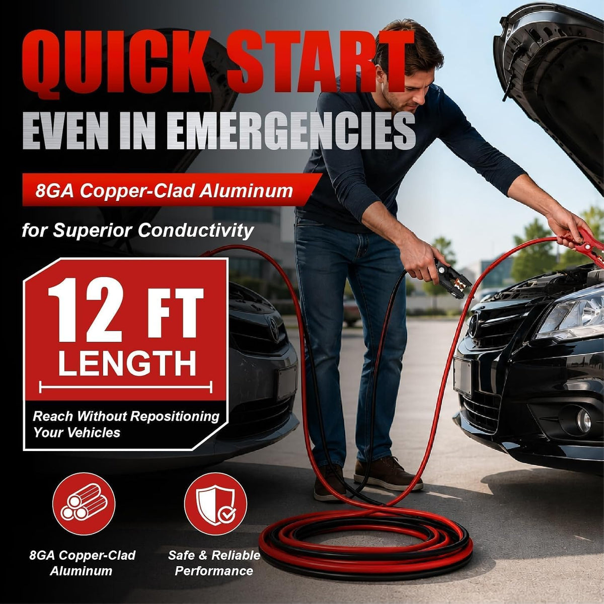 8 Gauge 12 Feet Jumper Cables for Car,Quick Connect Booster Wires