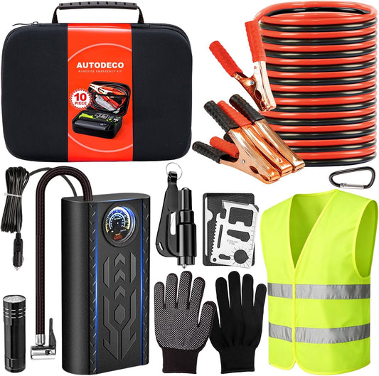 Car Roadside Emergency Kit, Portable Auto Air Compressor Tire Inflator, Jumper Cable, Car Emergency Kits for Teenagers, Black