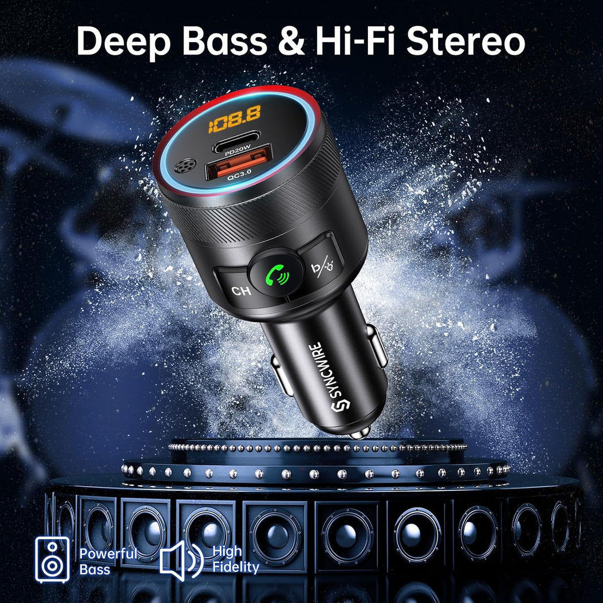 Syncwire Bluetooth 5.4 Car Adapter 38W FM Transmitter Hands Free Calls