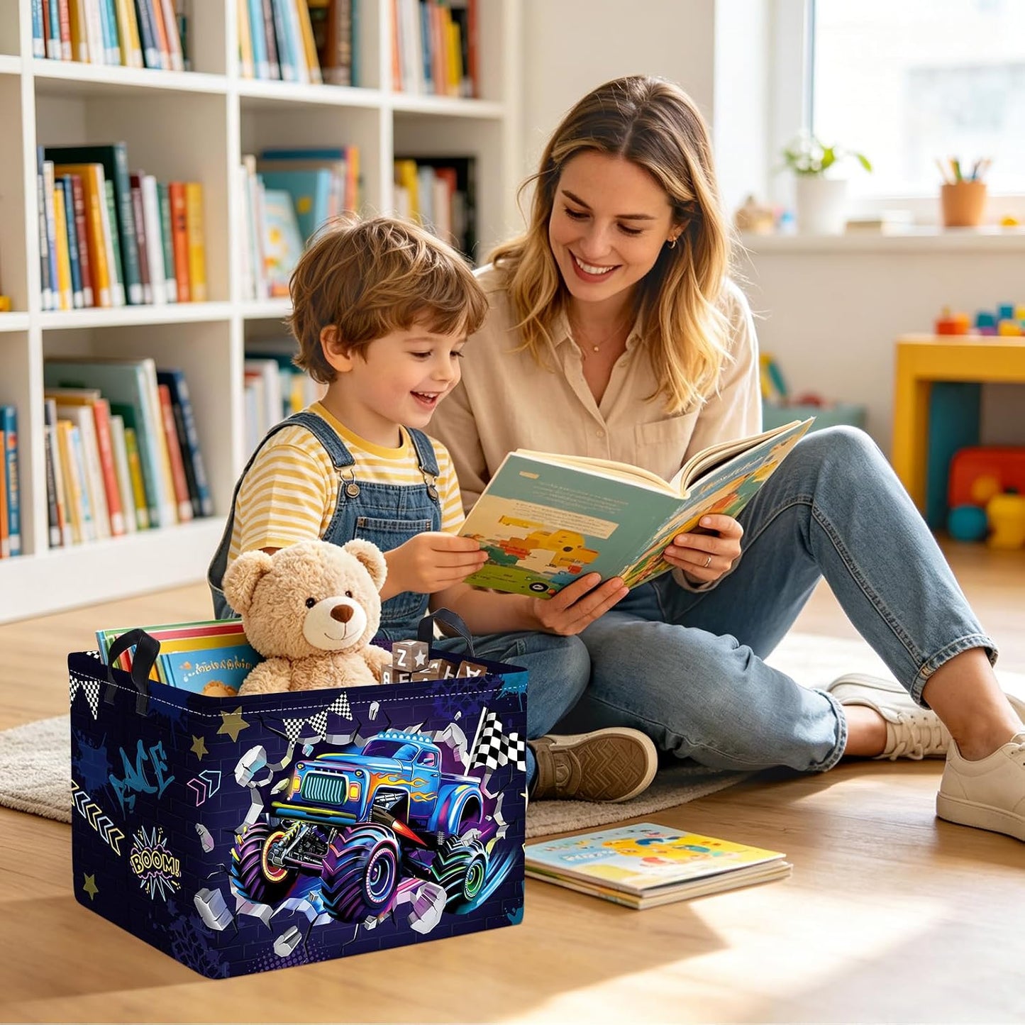 Clastyle Sport 3D Racing Car Boy Room Basket Racing Flag Monster Truck Toy Book Shelf Basket Large Rectangle Collapsible Dirty Clothes Storage Bin,Monster,40 * 30 * 30 cm