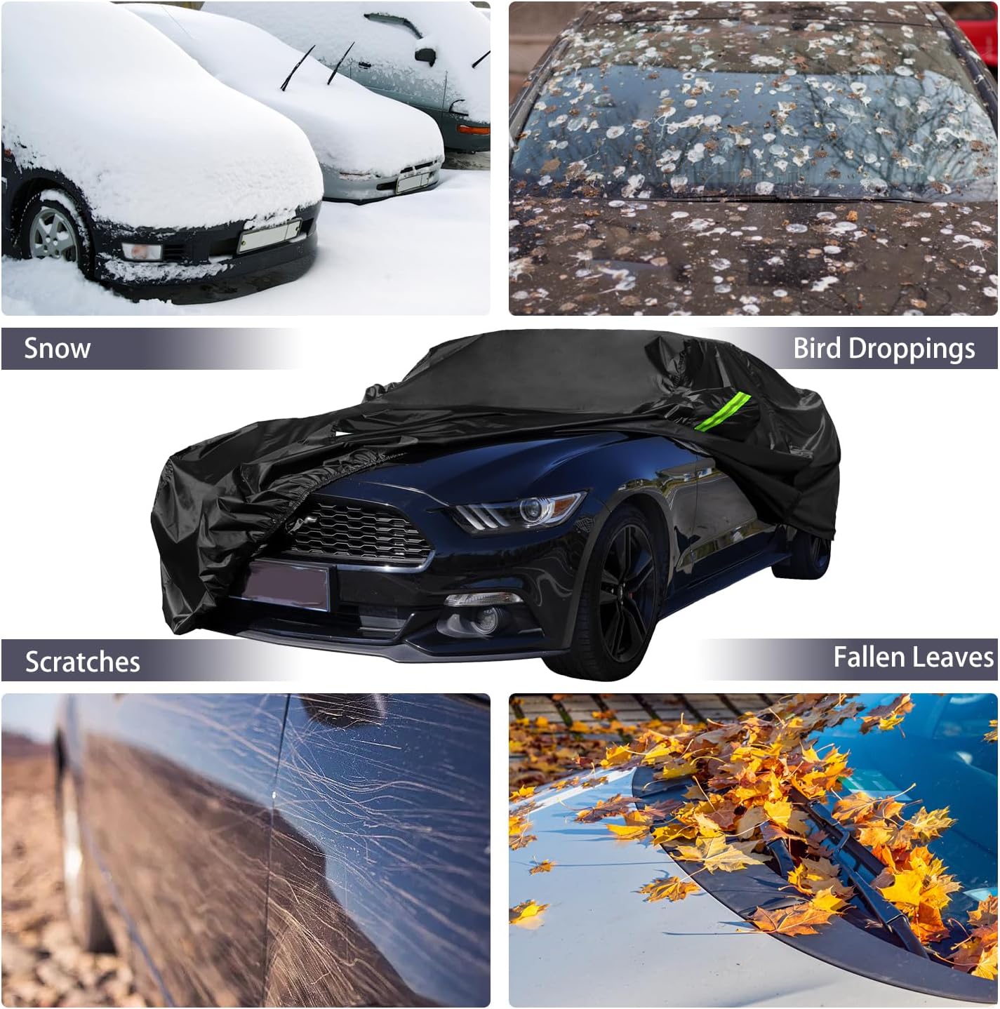 Car Cover Custom Fit for Ford Mustang 2005-2026, Waterproof All Weather GT Cover Outdoor Dustproof Shelby Coupe Cover with Door Zipper Black