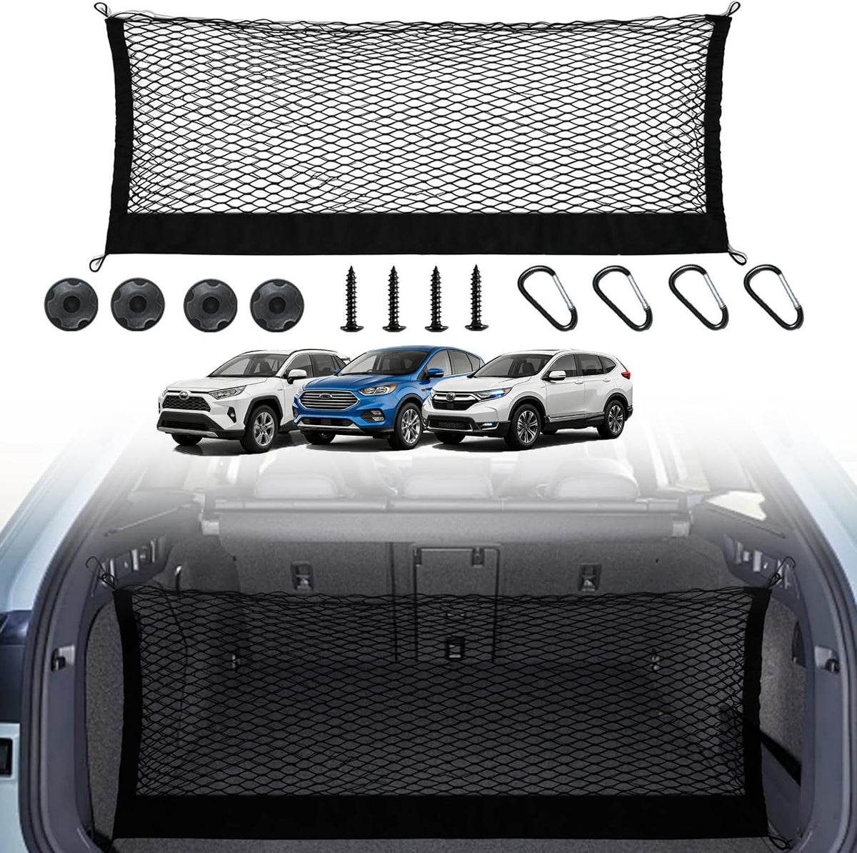 Heavy Duty Envelope Cargo Net, Stretchable Trunk Organizer with Metal Hooks, Adjustable Storage Net for SUV Car Compatible with 2021-2025 Honda CR-V、RAV4、Escape