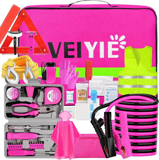 Pink Roadside Car Emergency Kit for Women, Safety Kit with Jumper Cables