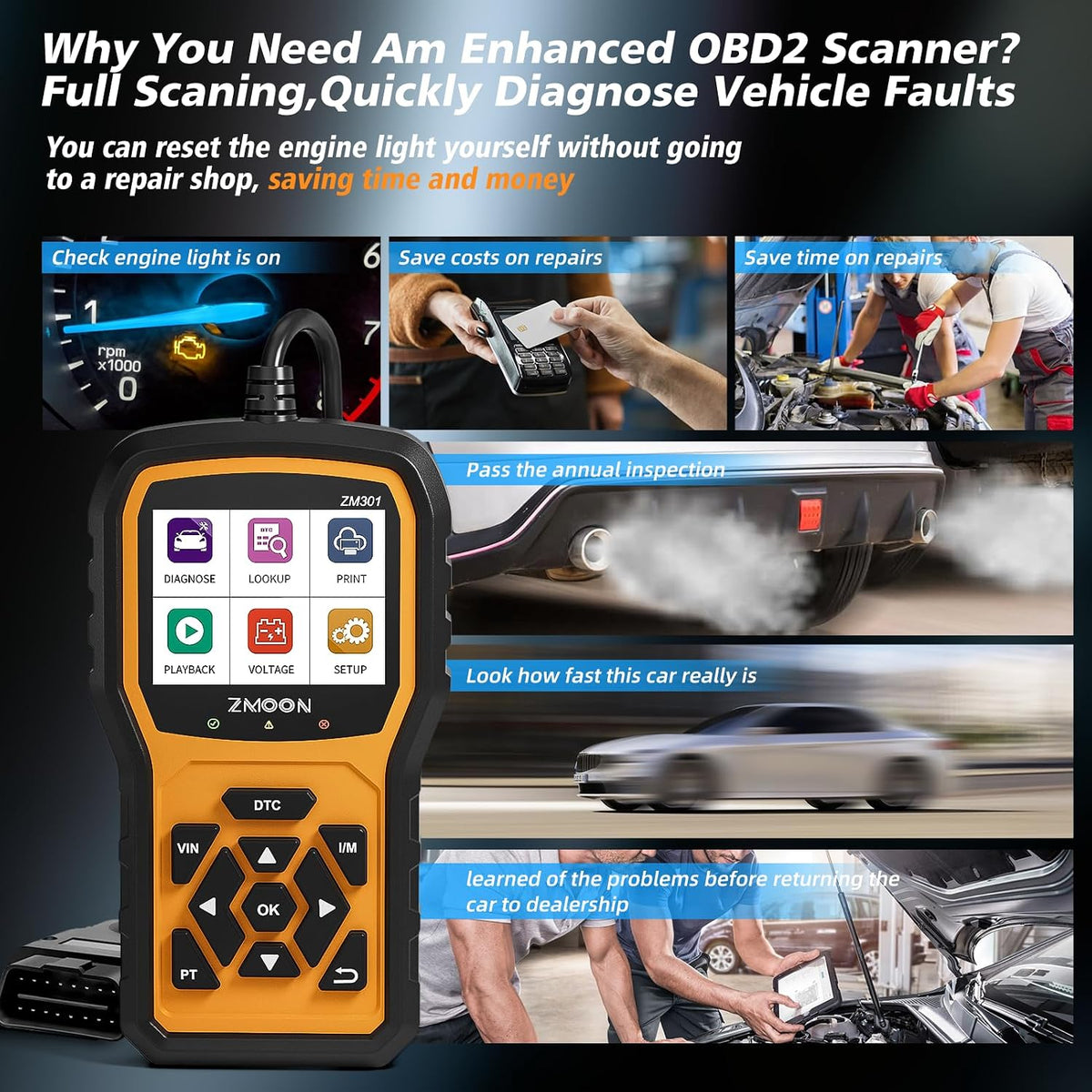 ZMOON ZM301 OBD2 Scanner Diagnostic Tool, Car Code Reader Scan Tools