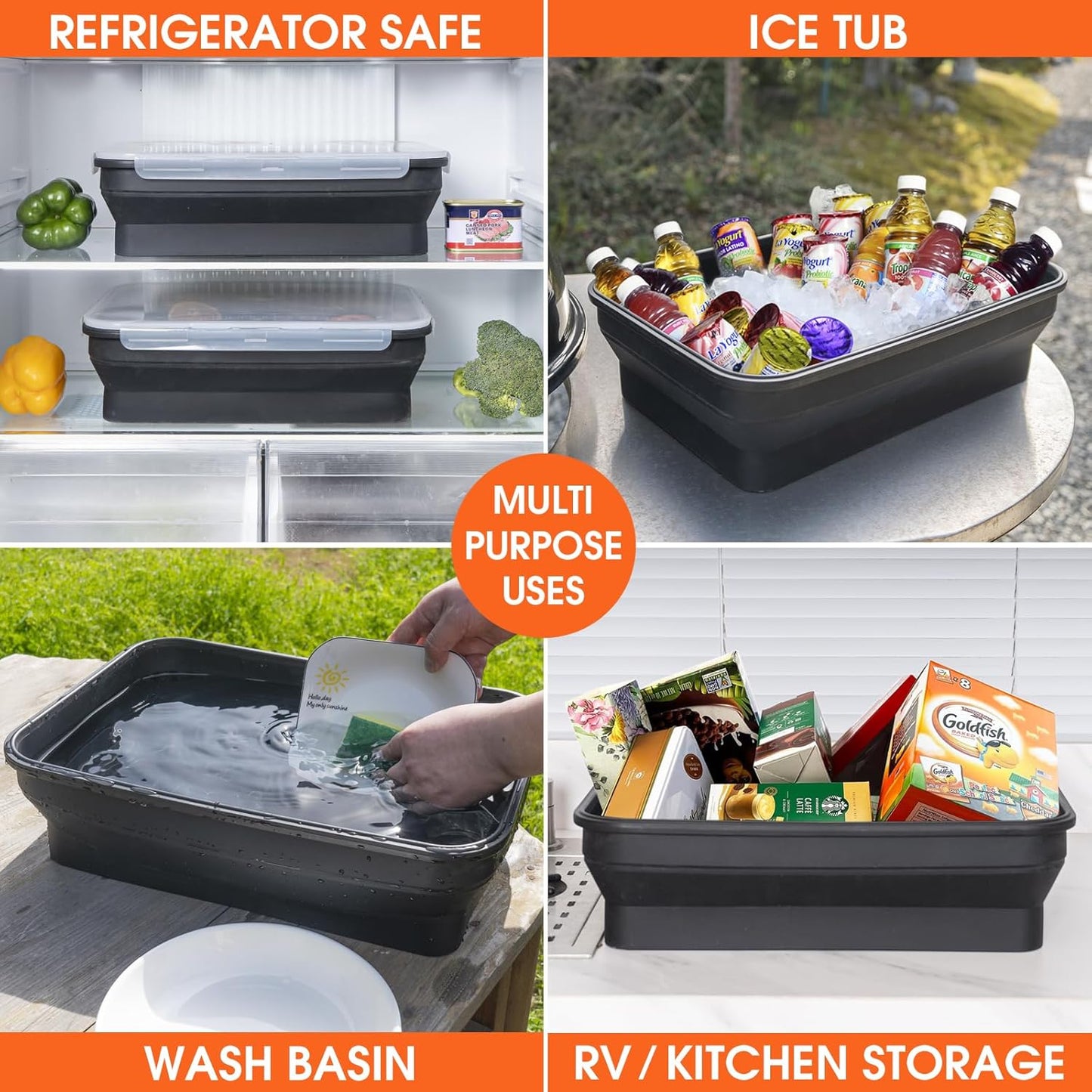 Silicone Collapsible Marinating Container with Lid for Meat, 2.64Gal/10L, 2 Pack Extra Large Collapsible BBQ Prep Tub, Transparent Locking Lid, XL Grill Prep Trays & Carry System, BBQ Must-Have, Black