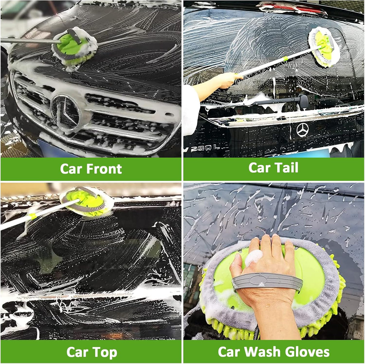 GIANT BEAR Car Wash Brush with Long Handle, 42.9" Microfiber Chenille Mitt Not Hurt Paint Scratch Free Aluminum Alloy Cleaning Tool -4 in 1,Glass Window Scrabber Detail Wheel Brush