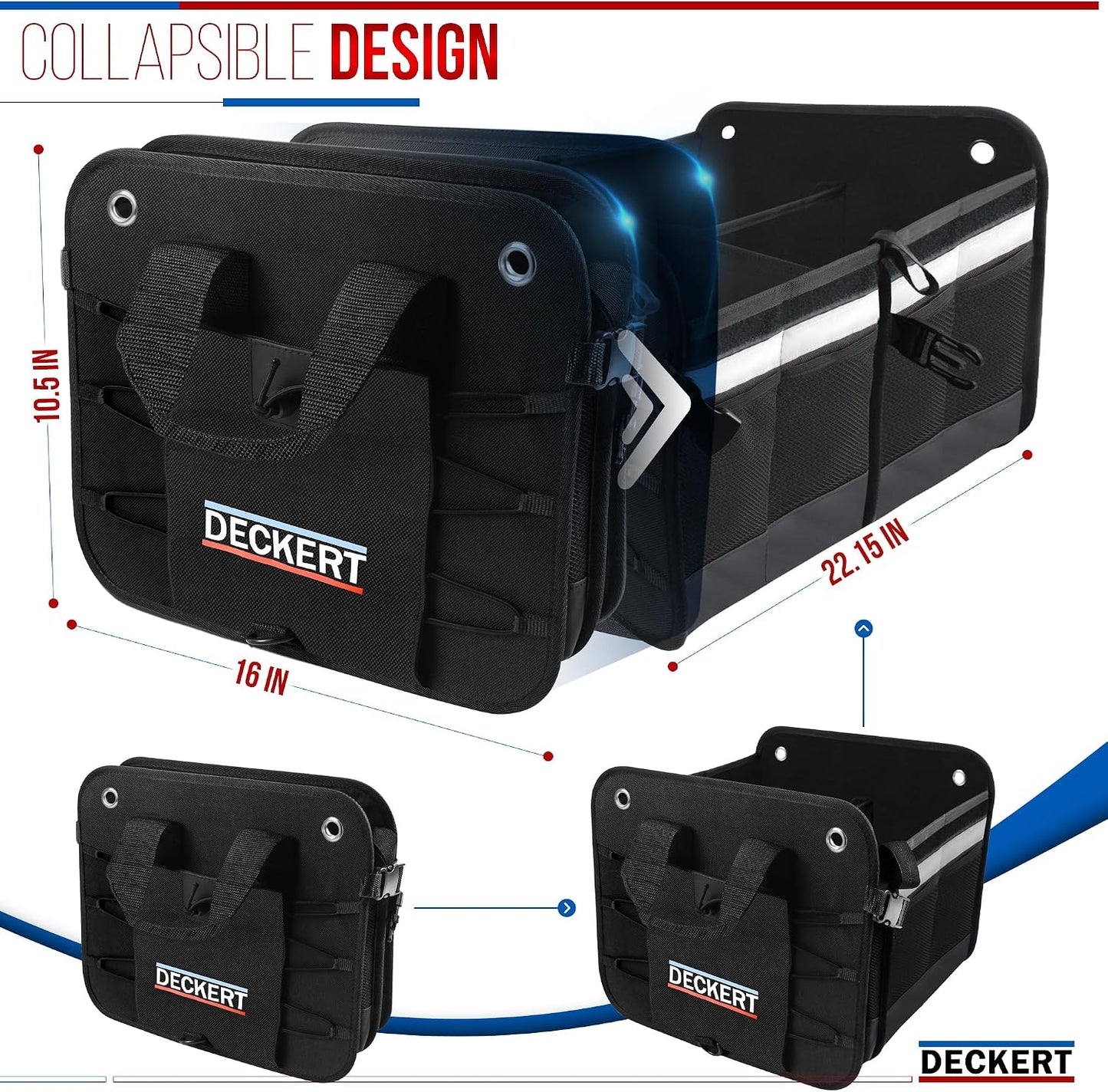 Deckert Large Size 61L Car SUV Trunk Organizer, 600D Oxford Polyester, Collapsible, Multi compartments, Securing straps, Suitable for any car type, Black with Reflective Stripes