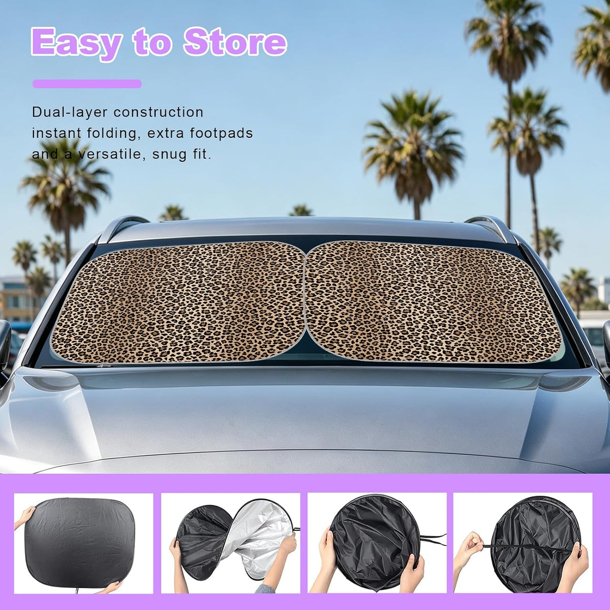 2 PCS Car Windshield Shade, Leopard Print Foldable Windshield Sunshade Sun Blocker Keeps Your Vehicle Cool, Vehicle Interior Front Windscreen Shades for Sun UV & Heat Protection (Dark Brown)