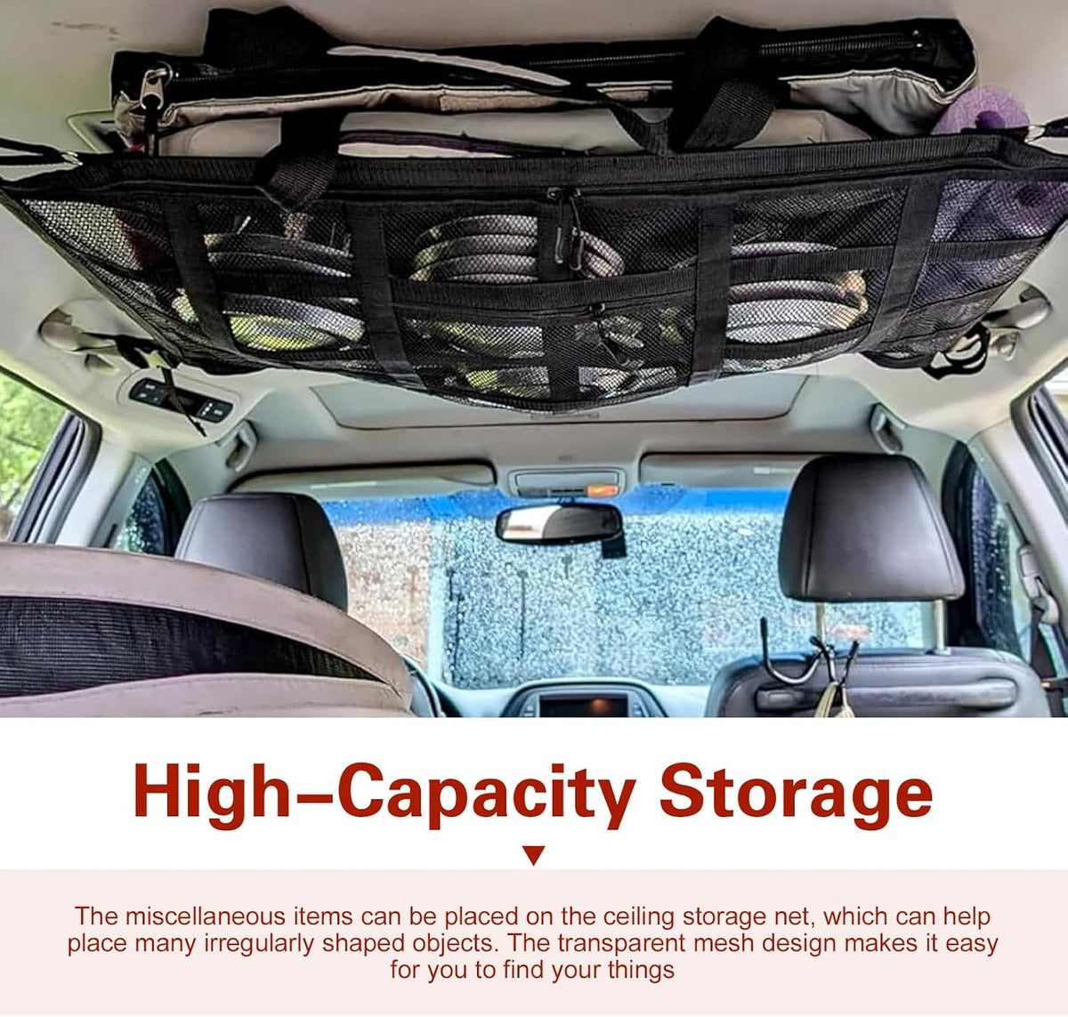Double Layer Mesh Roof Storage Organizer, 31.5"x 21" Car Ceiling Cargo Net, Car Roof Storage, Overhead Net for SUV Truck Van Camping Travel Road Trip Essentials(Black)