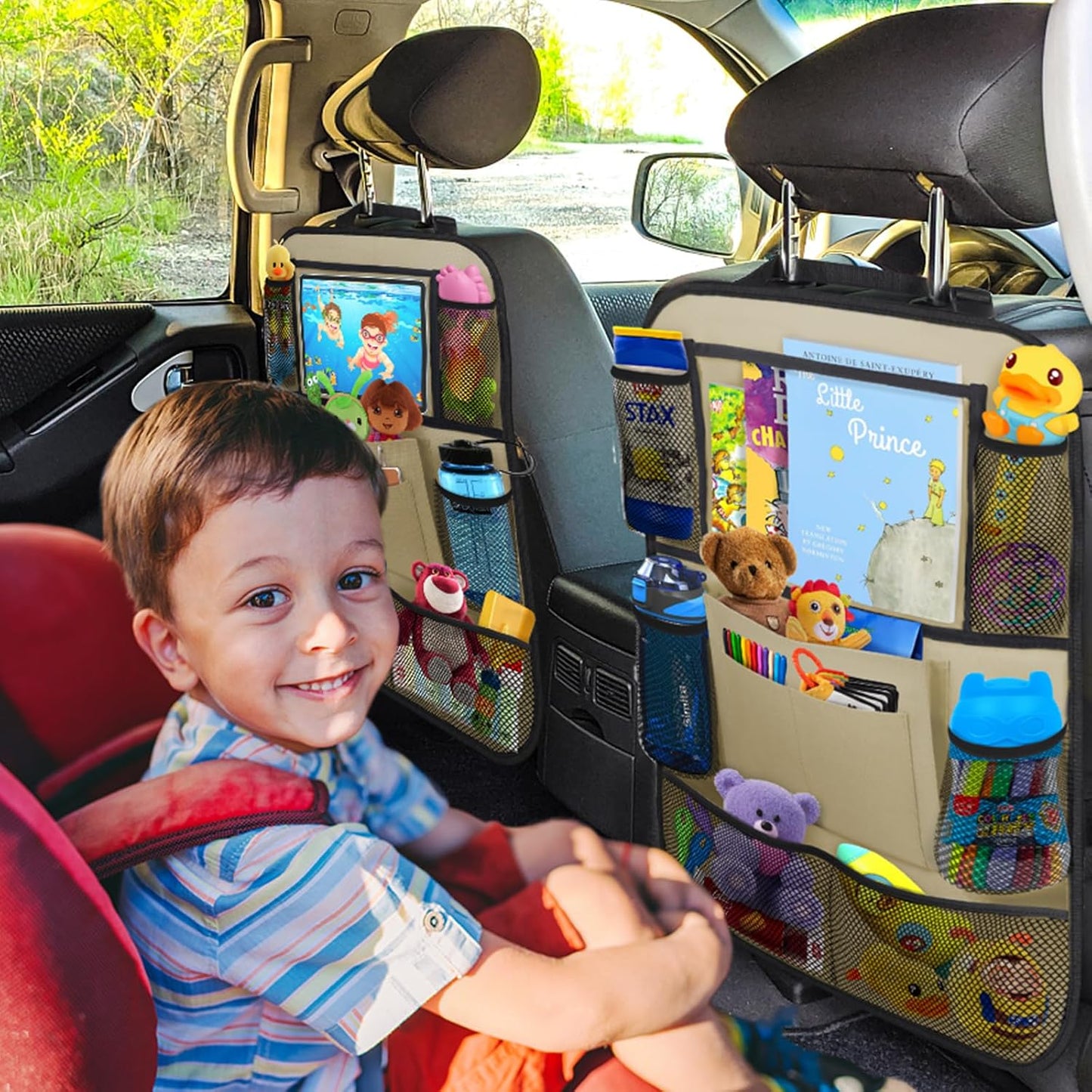 ULEEKA Car Backseat Organizer with 11" Table Holder, 10 Storage Pockets Seat Back Protectors Kick Mats for Kids Toddlers, Travel Accessories, 2 Pack, Beige