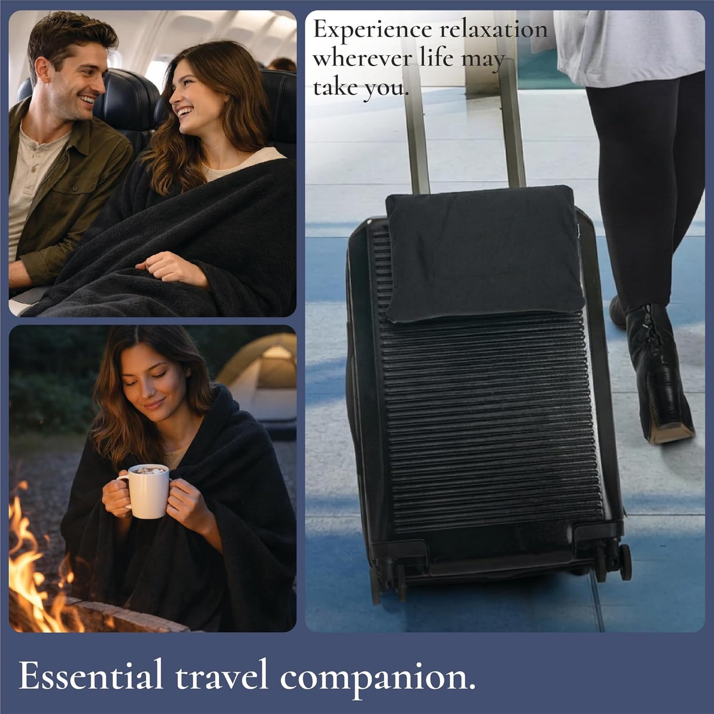 Brookstone Travel Blanket - 2-in-1 Super Soft Lightweight Throw Blanket with Carrying Pouch, Airplane &amp; Car Travel Essentials, Black