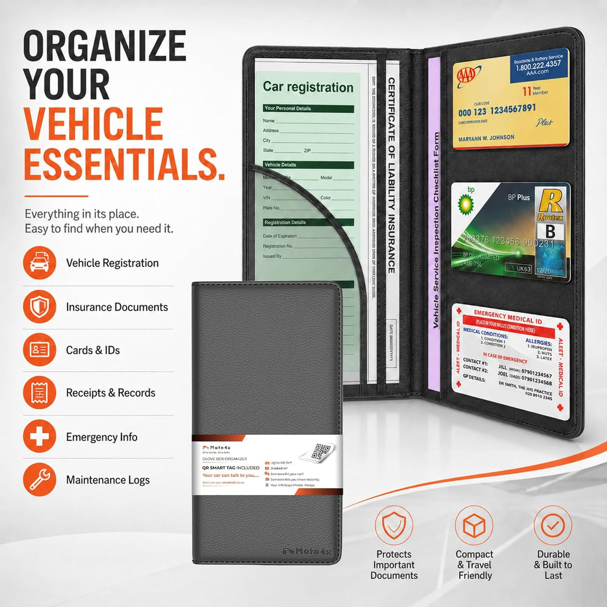 Car Registration and Insurance Card Holder,Black Premium PU Leather Folder