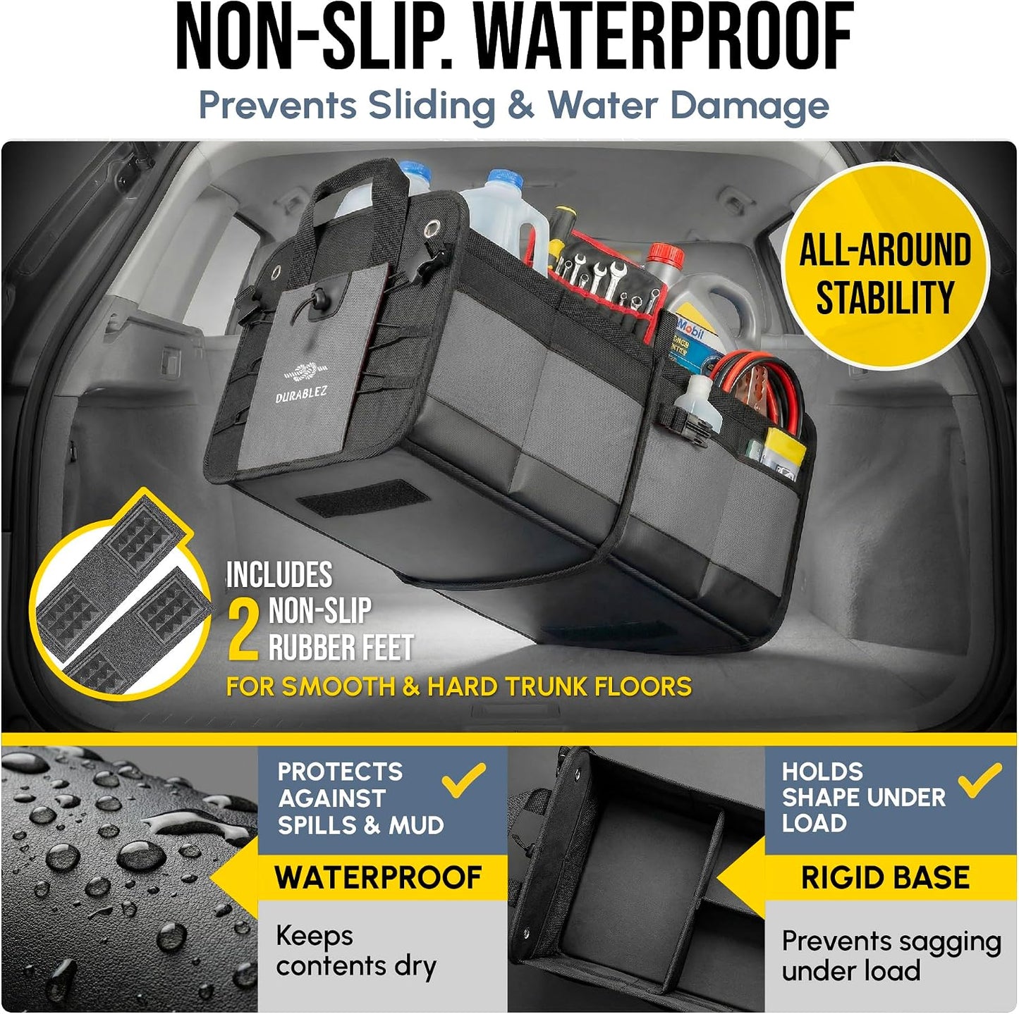 Compact Car Trunk Organizer 2-Section – Grocery, Tools, Cleaning Supplies Storage – Foldable Dual-Compartment Cargo Bin with Cover Net – Gray
