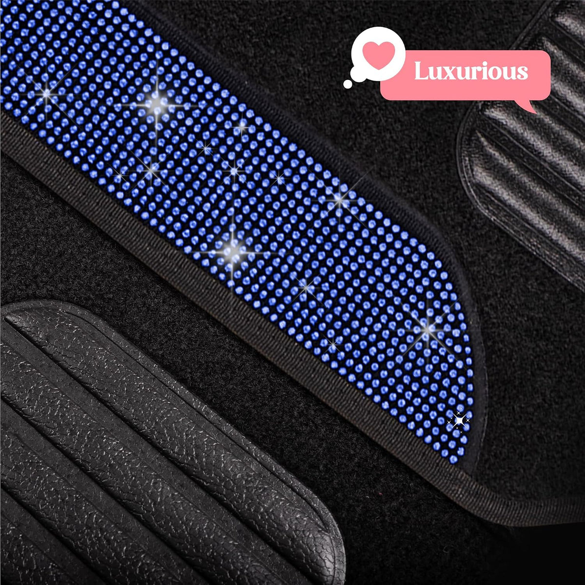 Carbella Diamond Bling Car Mats 4-Piece Set, Shiny Rhinestone Crystal Carpet Car Floor Mats, Two-Tone Floor Mats for Cars, Cute Automotive Interior Car Accessories for Women (Blue)