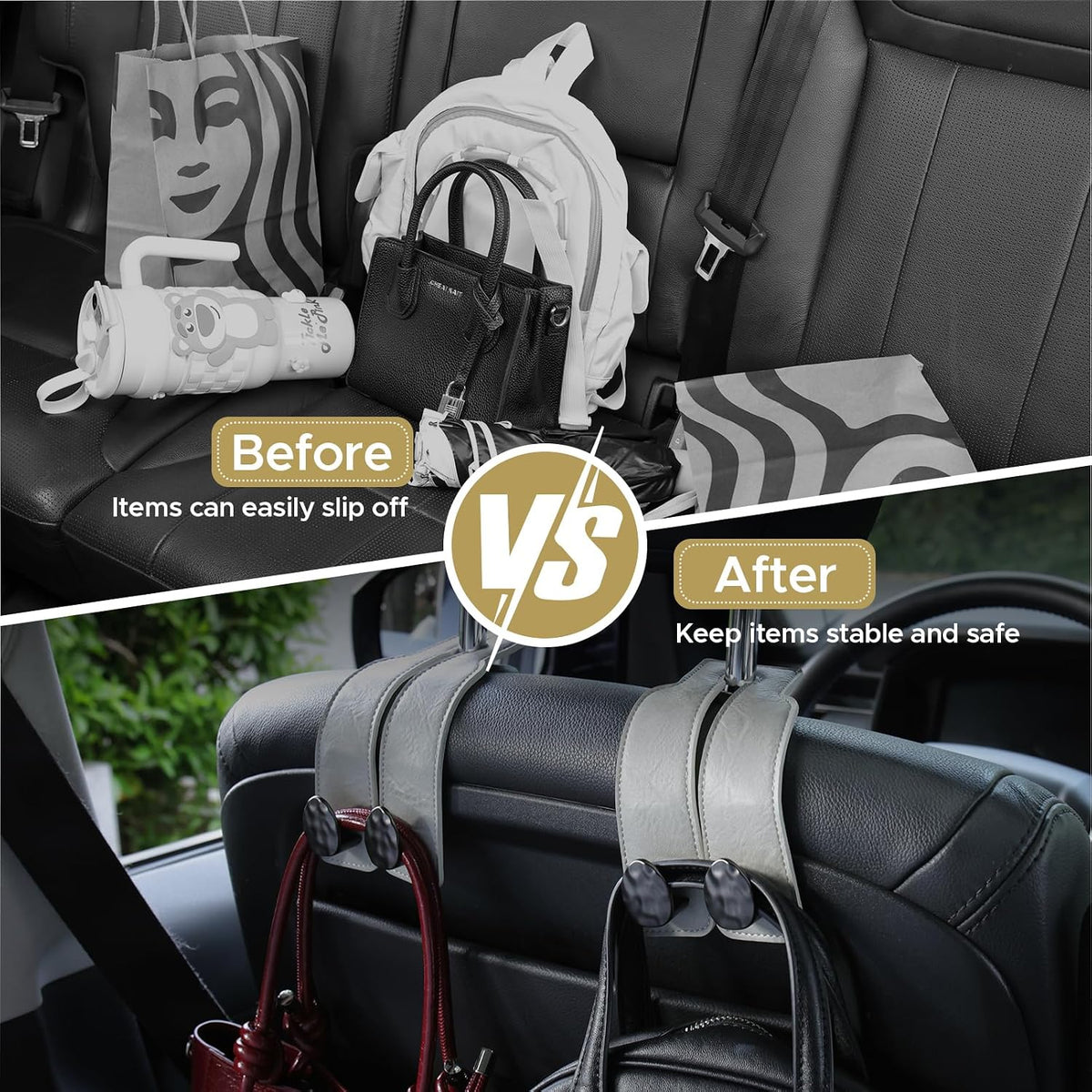 Leather Car Purse Hook for Headrest, 4 Pack, Grey-Black