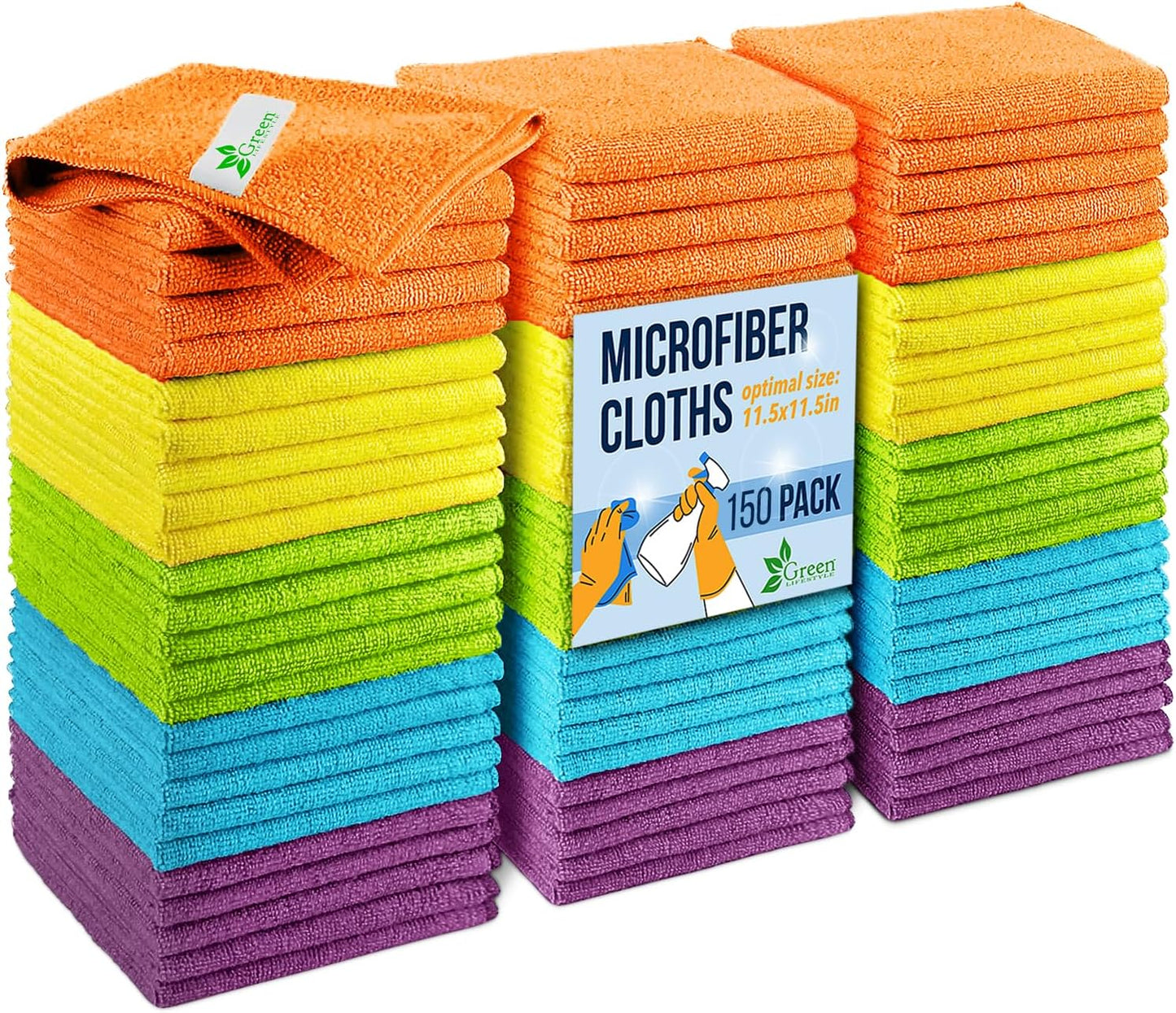 GREEN LIFESTYLE Microfiber Cleaning Cloth 11.5" x 11.5" 150 Pack - Edgeless Microfiber Towels for Cars, Cleaning Rags, Lint Free Car Microfiber Towel, Reusable Cleaning Cloths (Multicolor)