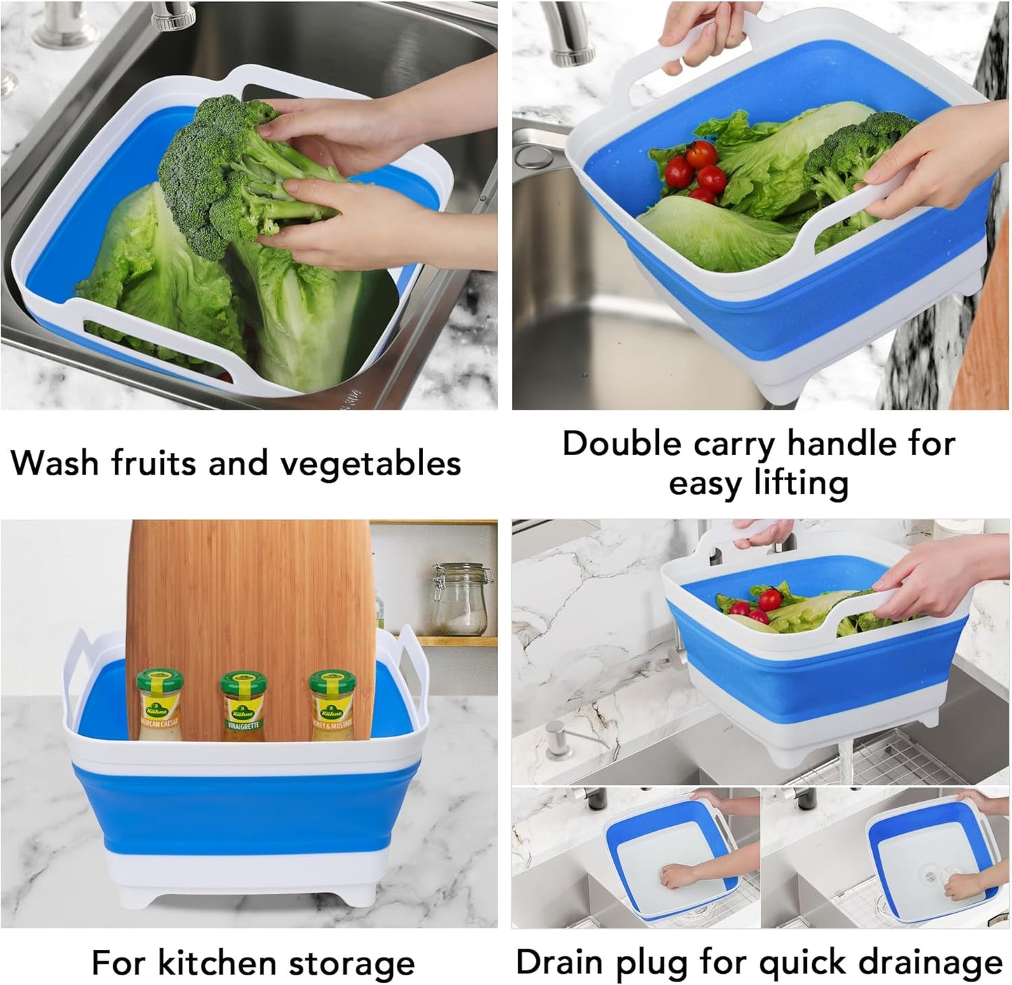 Tiawudi Dishpan for Washing Dishes, 2.4Gal/9L Wash Basin with Draining Plug Carry Handles, Collapsible Bucket for Cleaning, Portable Sink, Foldable Plastic Tub, 1PC