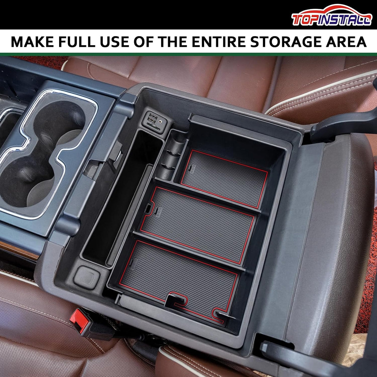 TOPINSTALL Red Full-Size New Center Console Tray Compatible with 2014-2018 Chevy Silverado/GMC Sierra and 2015-2020 Chevy Tahoe/Suburban/GMC Yukon/Yukon XL (Full Console w/Bucket Seats ONLY)