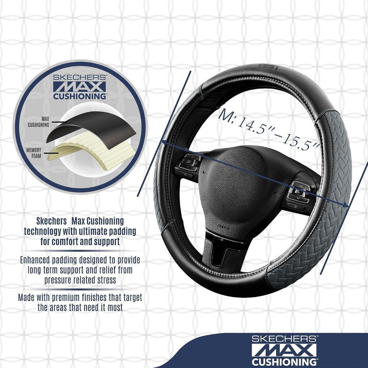 Skechers Steering Wheel Cover,Max Cushioning Leather Steering Wheel Cover Universal Fit 14" 1/2-15" Car Wheel Protector for Men Women Fit Suvs,Vans,Sedans,Car,Trucks,Gray