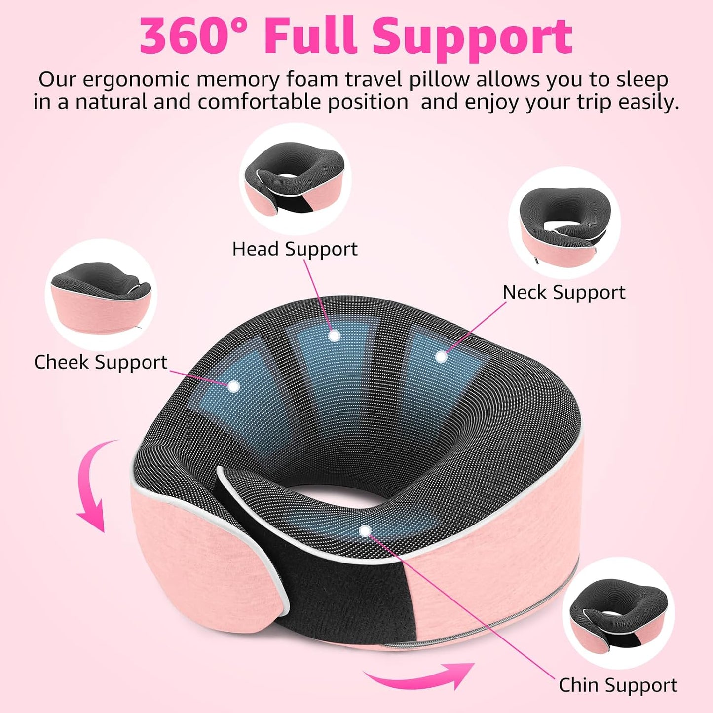 Travel Pillows for Airplanes Ergonomic Memory Foam Neck Pillow for Travel - 360° Head & Neck Support for Sleeping on Flights, Cars, Trains & Office (Pink-2)
