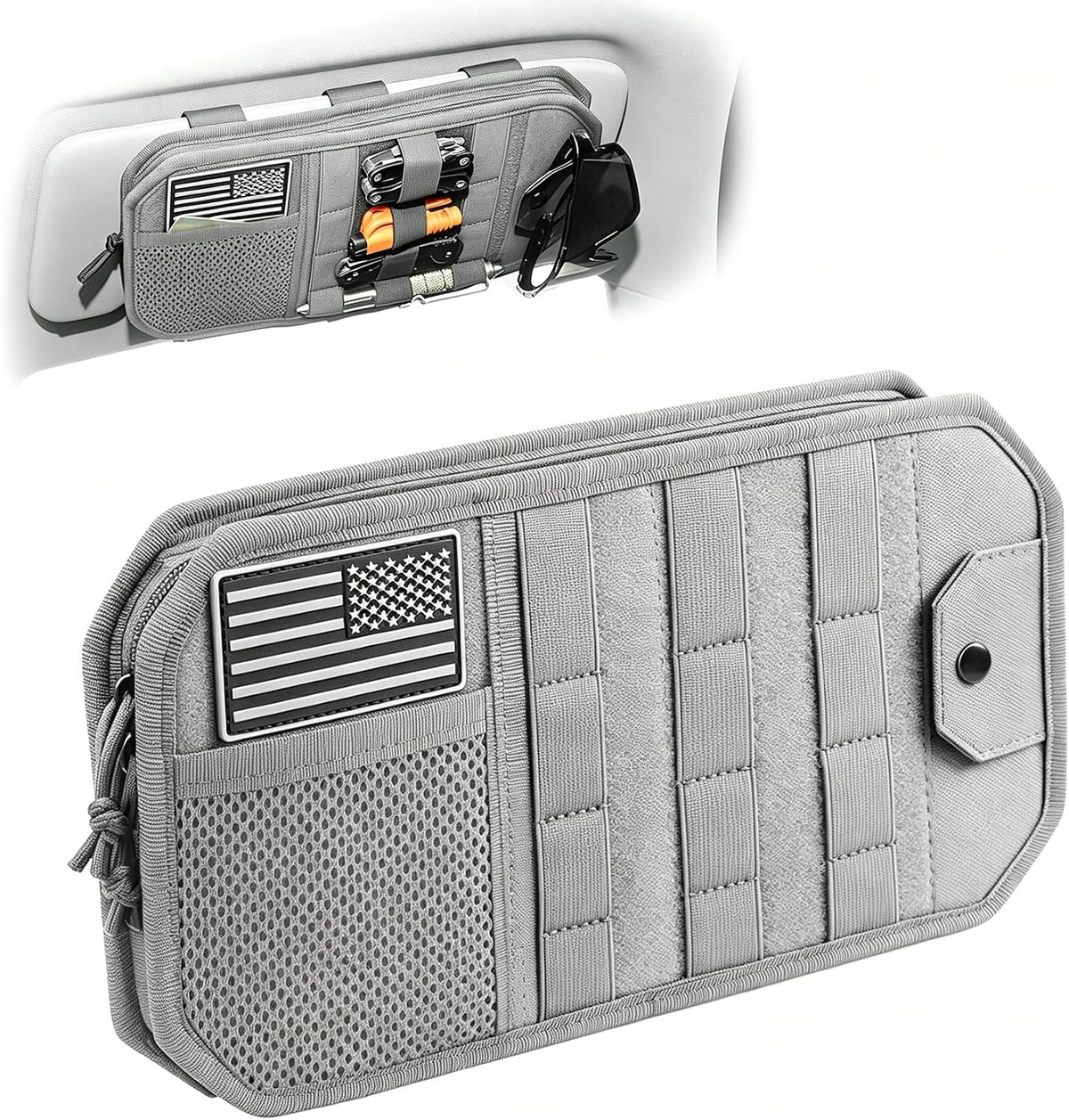 MOLLE Car Sun Visor Organizer, Multi-Pocket Storage Pouch with Zippered Compartment, Sunglasses Holder and Clear Window, Universal Visor Storage Bag for Cars, Trucks and SUVs (Black)