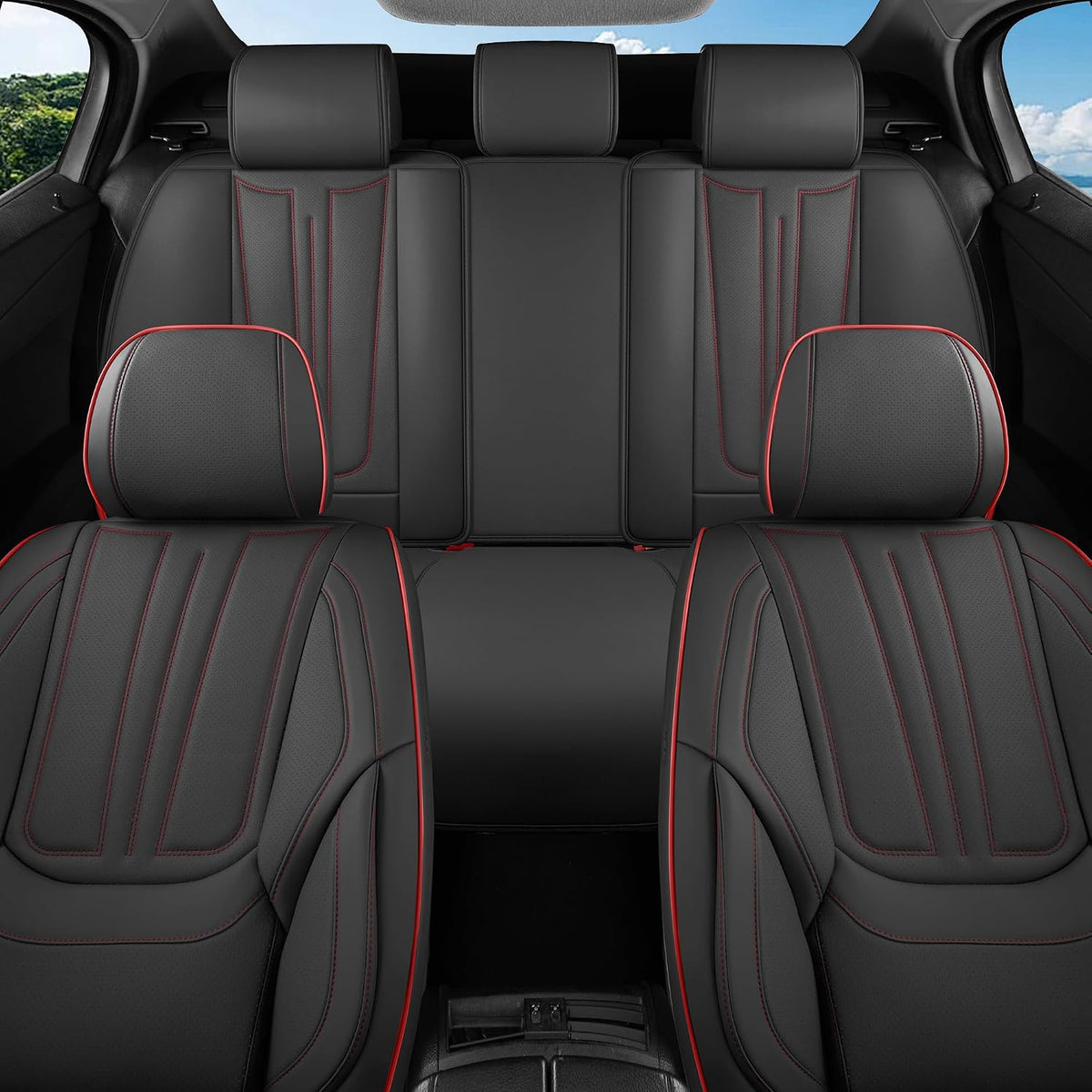 Car Seat Covers Full Set Black Red Line, Leather seat covers, Universal Fit