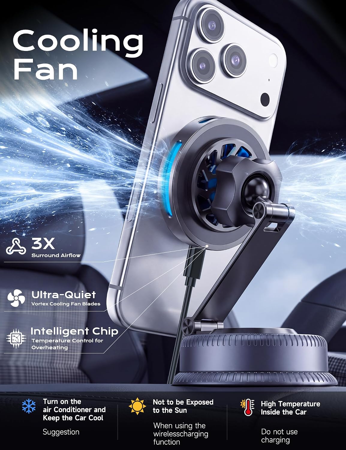 Qi2.2 25W MagSafe Car Mount Charger, Cooling Fan, 75W Fast Adapter