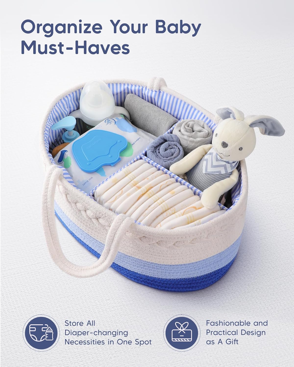Maliton Baby Diaper Caddy Organizer, Cotton Rope Diaper Caddy Basket, Large Storage Basket for Newborn Boys and Girls, Gift for Baby Shower List, Newborn Essentials