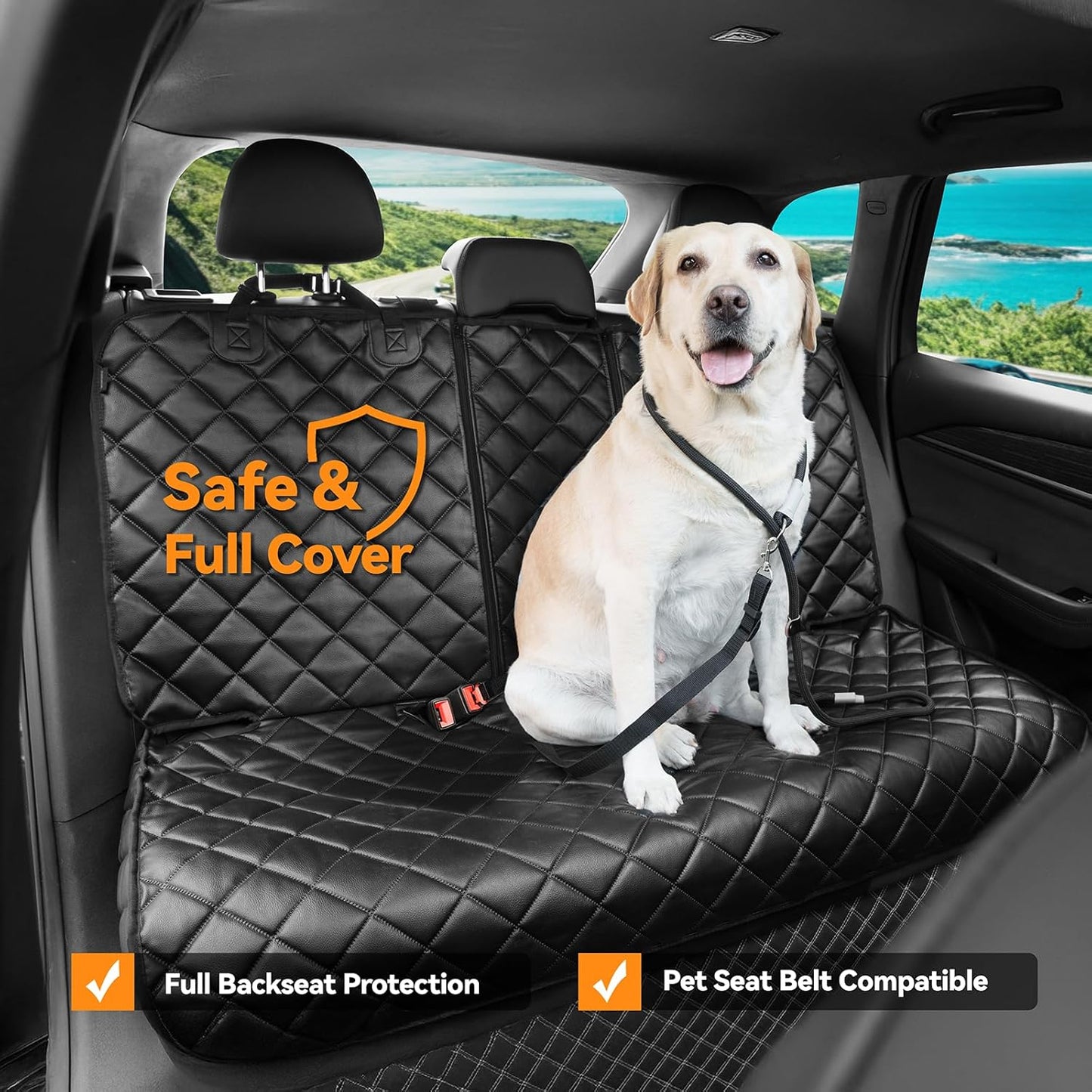 Dog Car Seat Cover for Back Seat, Waterproof Back Seat Covers for Dogs, PU Leather Nonslip Bench Dog Seat Cover Universal Fit Most Vehicles,SUVs,Small Trucks（Black,Standard）