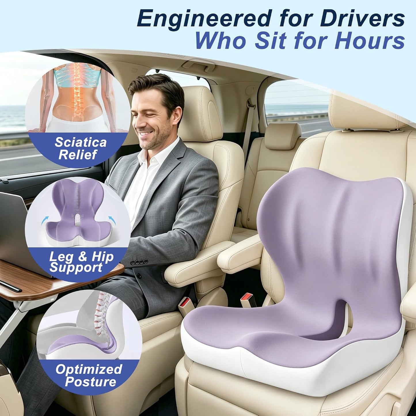 Seat Cushion for Office Chair and Car, Ergonomic Memory Foam Seat Cushion with Lumbar Support Pillow, Orthopedic Cushion for Sciatica & Back Pain, Purple & Light Gray