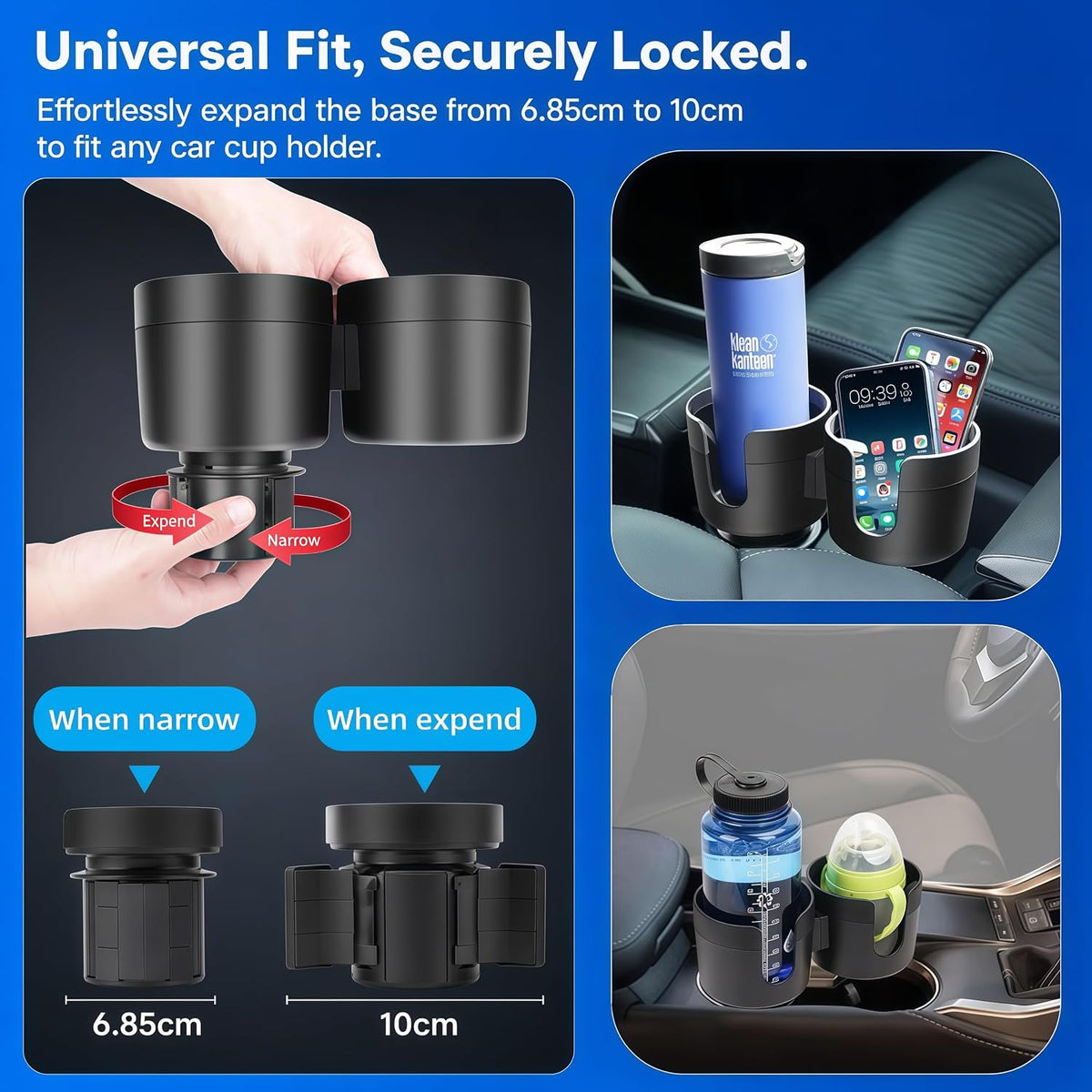 2 in 1 Cup Holder Expander, Dual Cup Holder Expander with Adjustable Base, Universal Multifunctional Cup Holder Insert for 10-46 OZ Bottles Cups Drinks Snack Organizer Holder (Black)