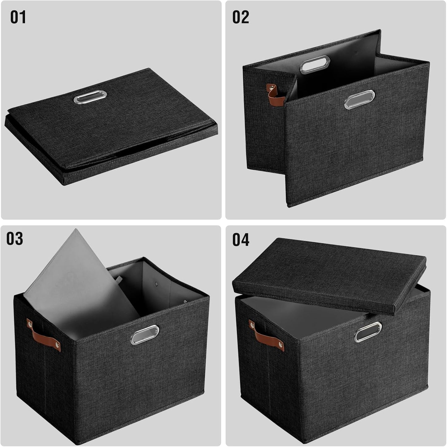 Roobyl 17" Large Collapsible Storage Bins with Lids, Stackable Closet Organizers with PU Handle and Labels, 3-Pack Decorative Fabric Storage Boxes for Home, Bedroom, Closet, Office, Nursery(Black)