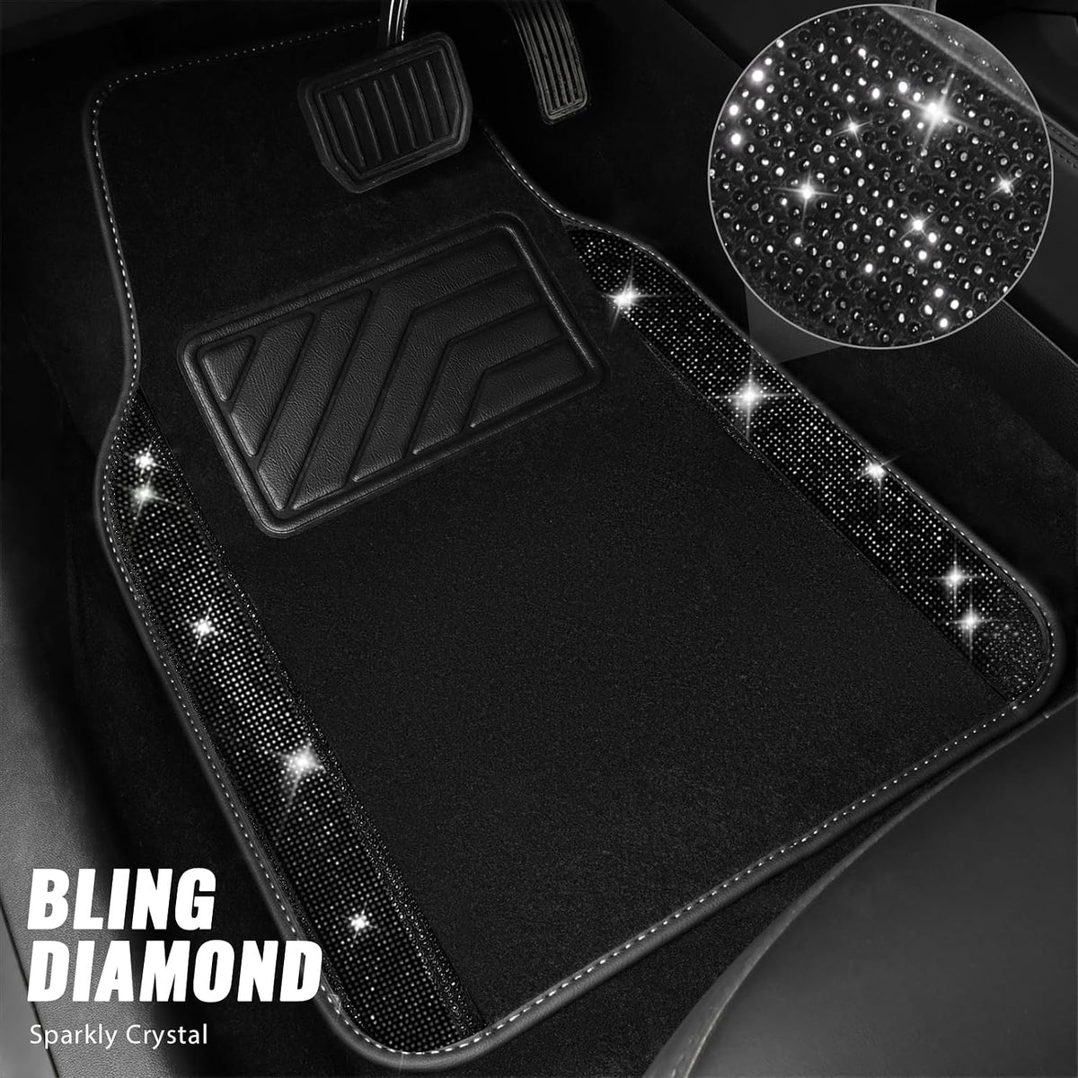 CAR PASS Bling Diamond Leather Steering Wheel Cover 14.5in-15in Floor Mats Shining Rhinestone Carpet Sparkly Glitter Crystal Anti-Slip Pad Fit Automotive SUV Pickup Truck Girl Women, 5pcs Black